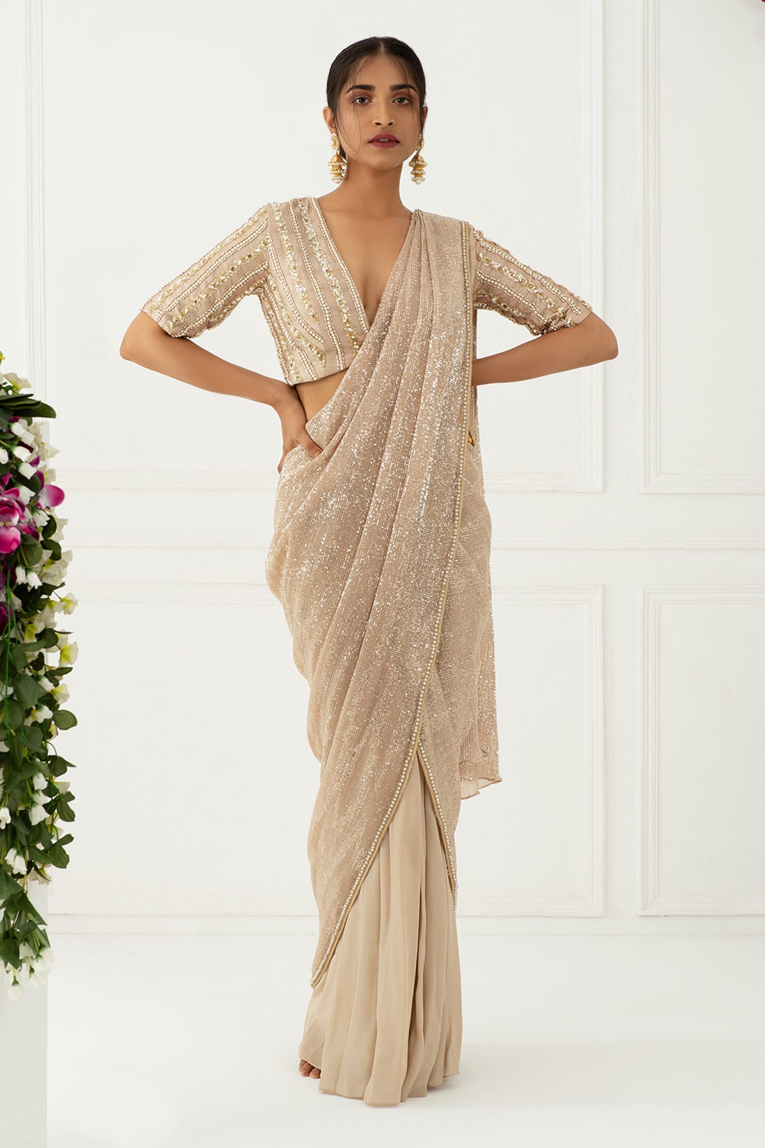 Nidhika Shekhar Beige Crepe Embroidery V Neck Sequin Pre-draped Saree With Blouse For Women