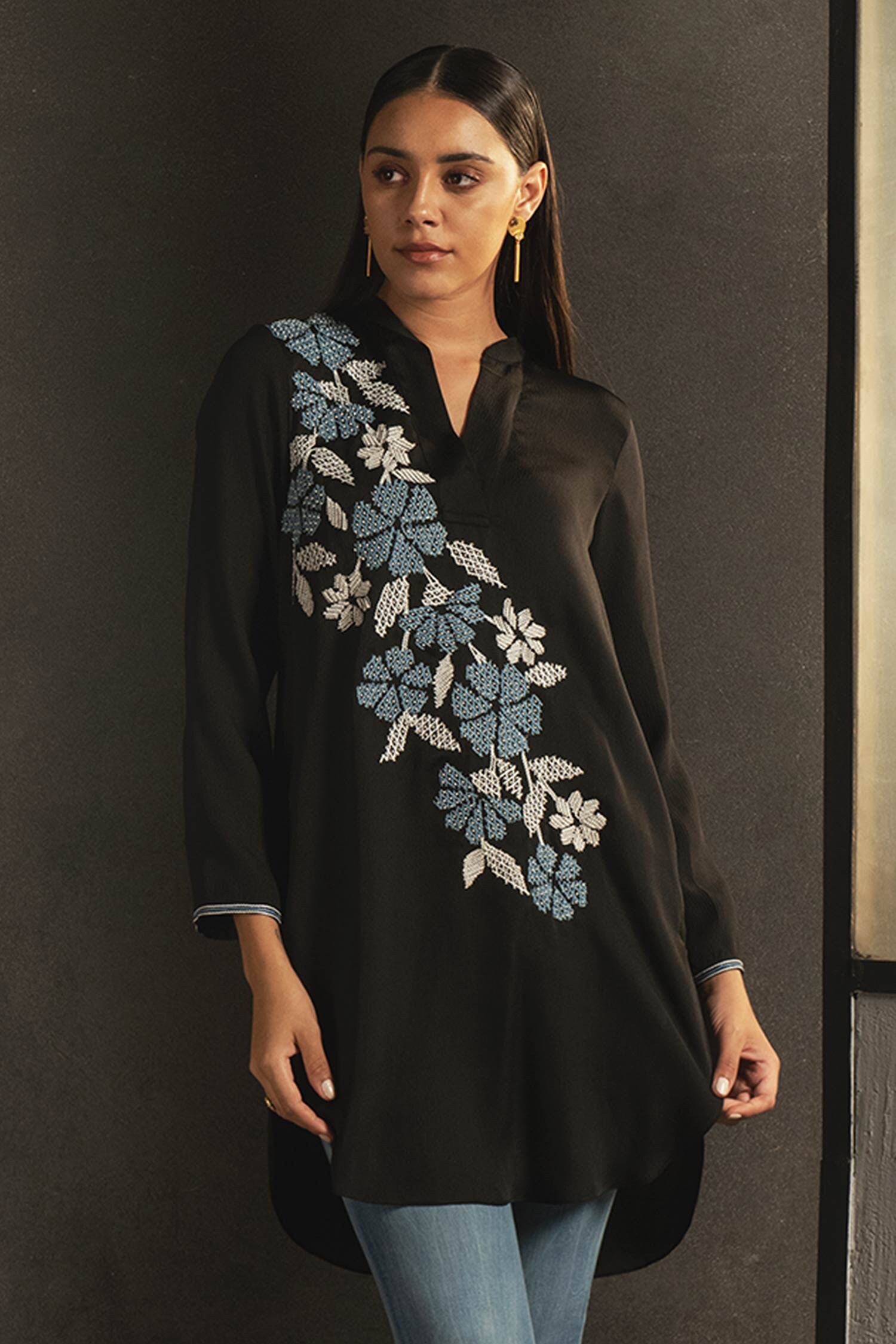 Buy Namrata Joshipura Black Satin High-low Embroidered Tunic Online ...
