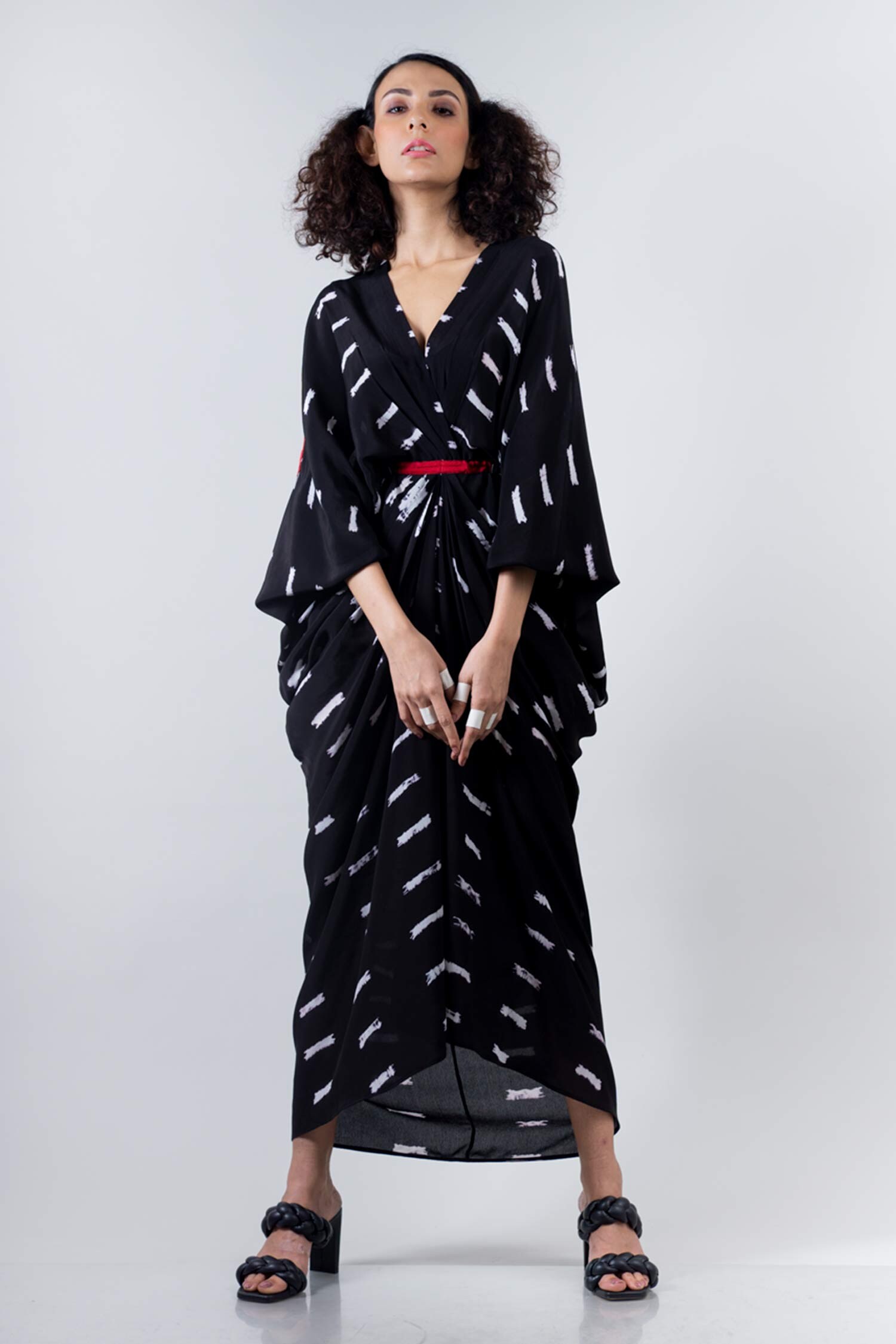 Buy Black Crepe V Neck Printed Drawstring Kite Dress For Women by Nupur