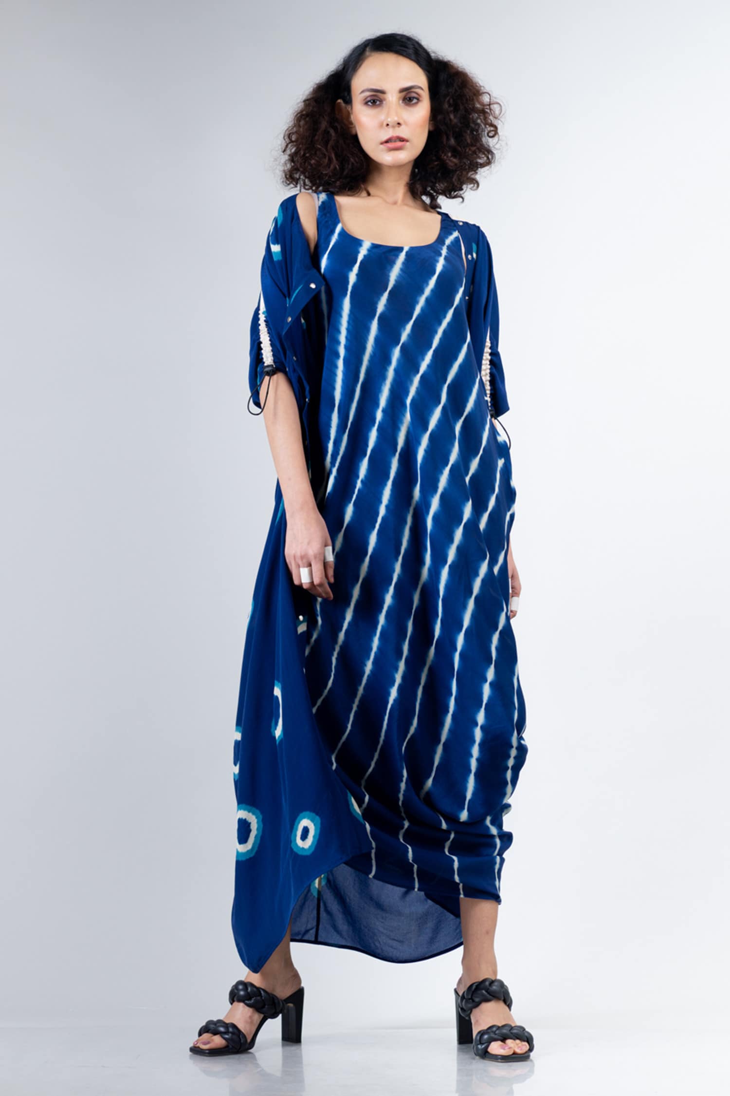 Buy Blue Crepe Round Leheriya Print Dress For Women by Nupur Kanoi ...