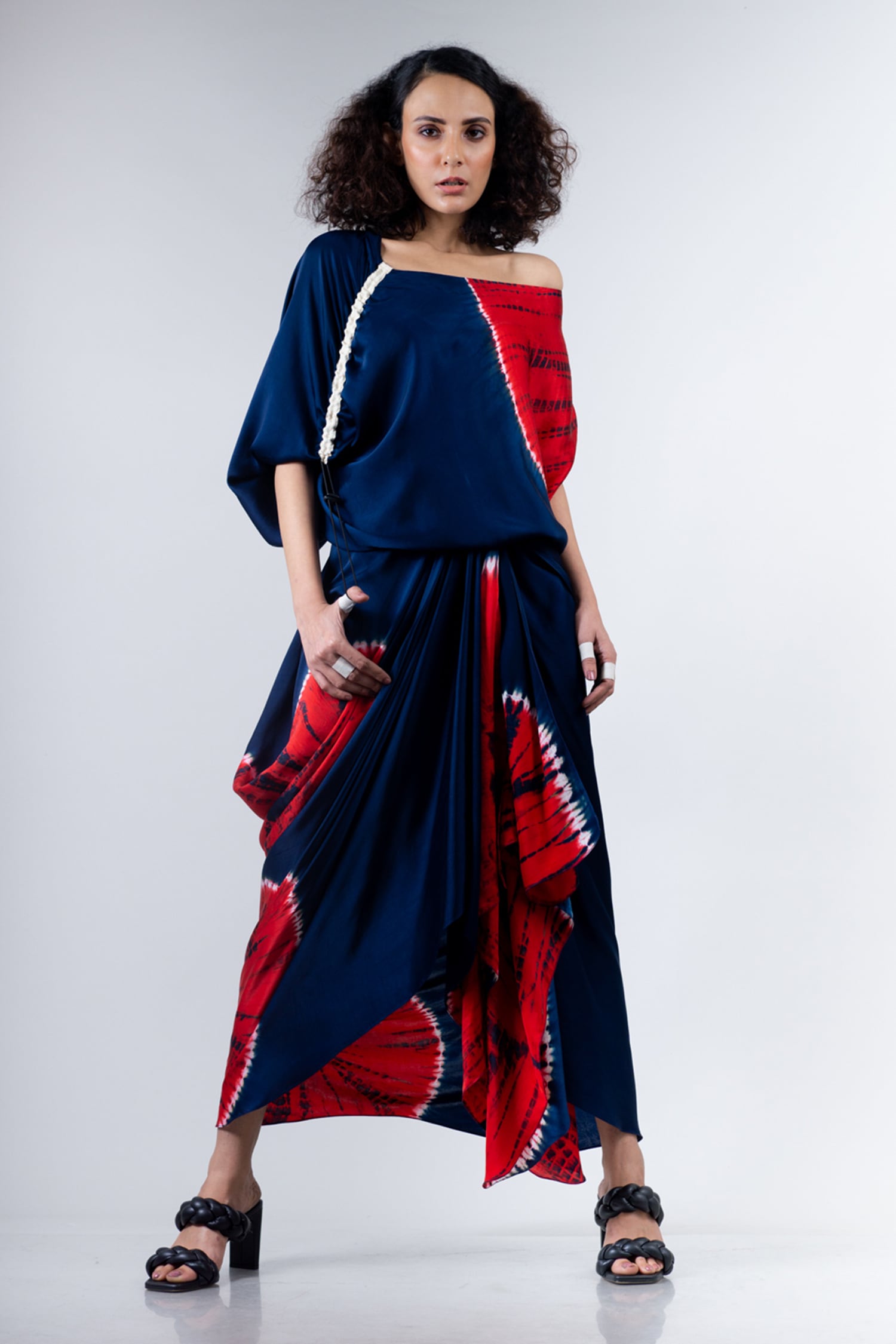 Buy Nupur Kanoi Blue Satin Leheriya Print Top And Draped Skirt Online ...