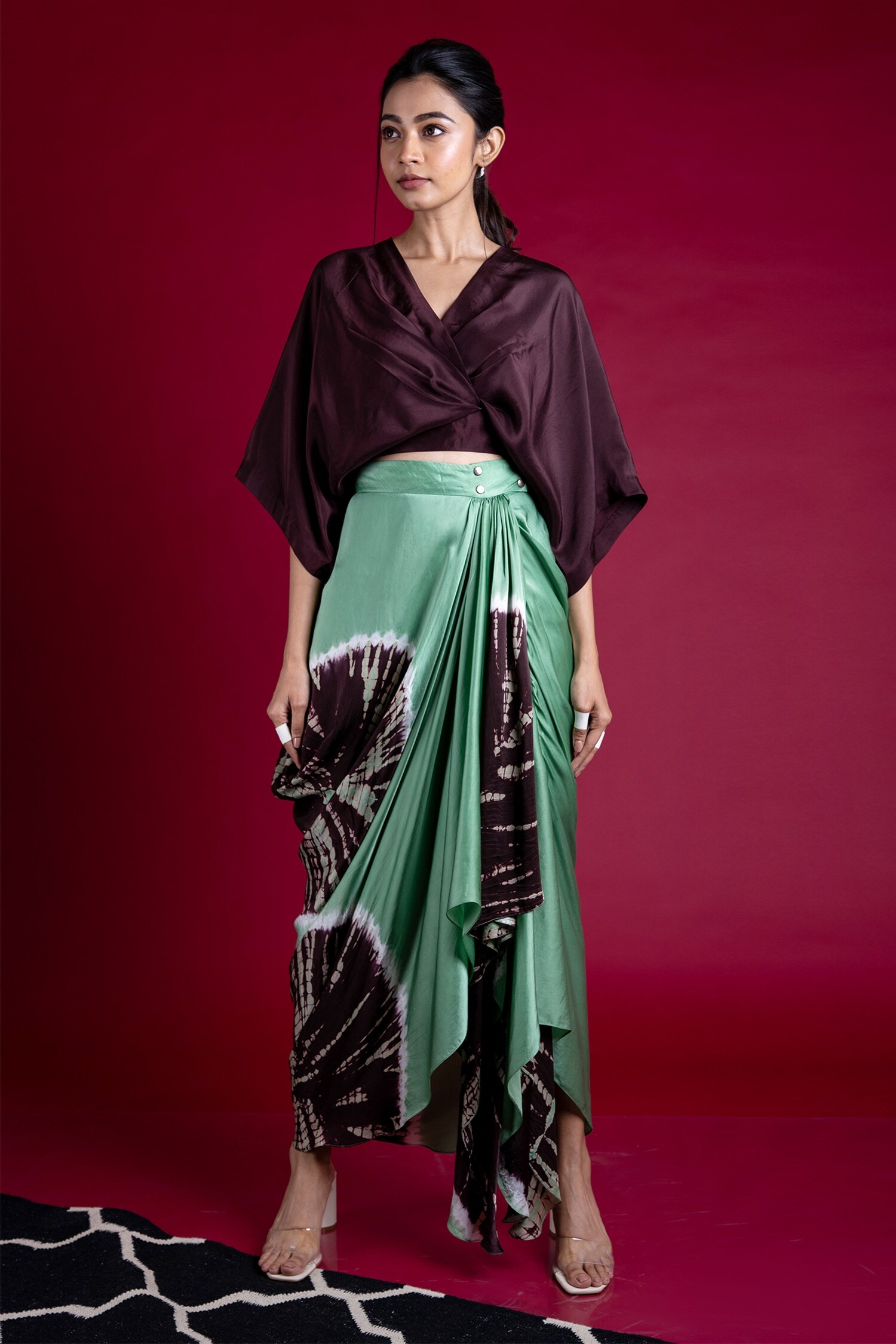 Buy Green Silk And Satin Print Leheriya V Neck Kaftan Top & Skirt 