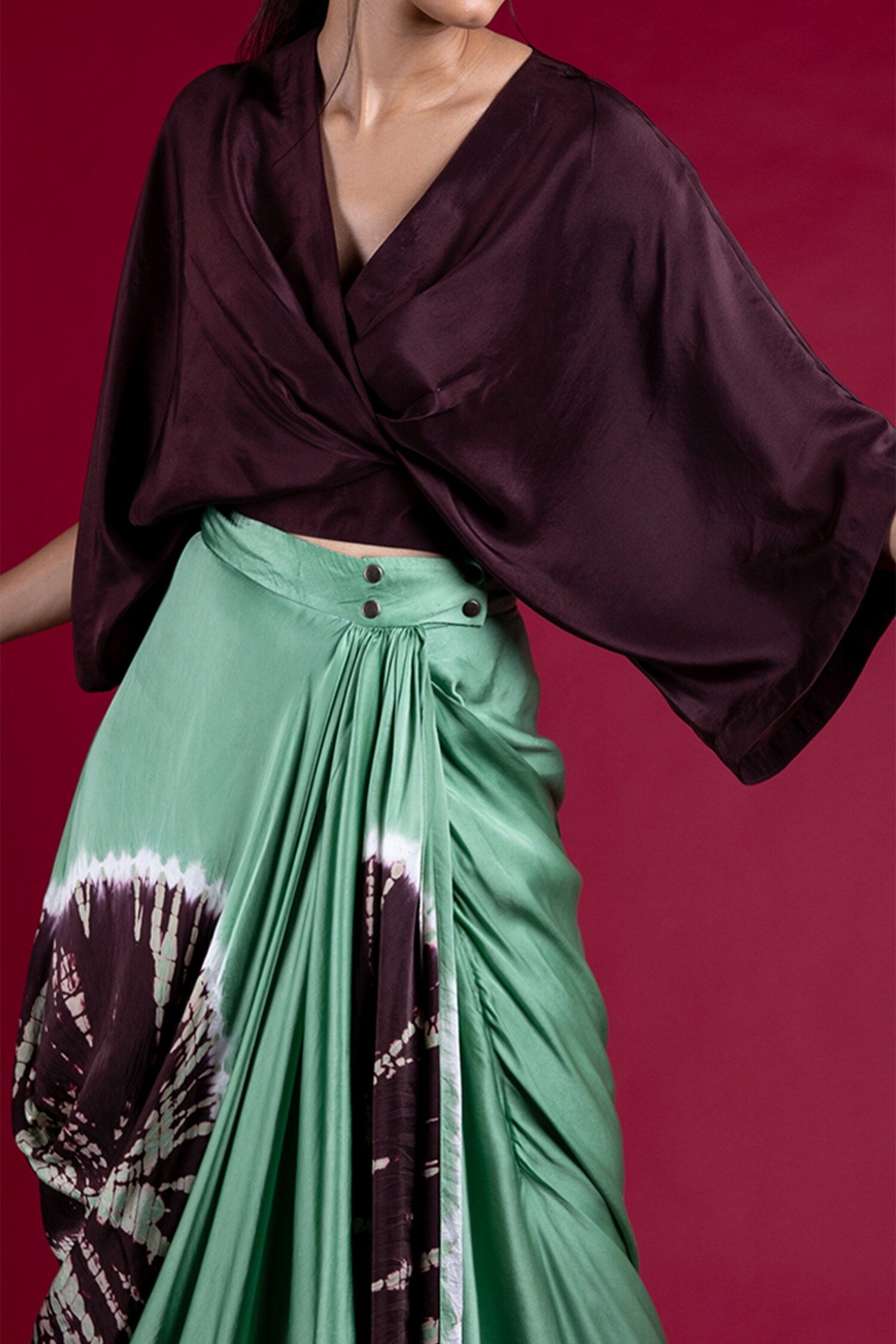 Buy Green Silk And Satin Print Leheriya V Neck Kaftan Top & Skirt 