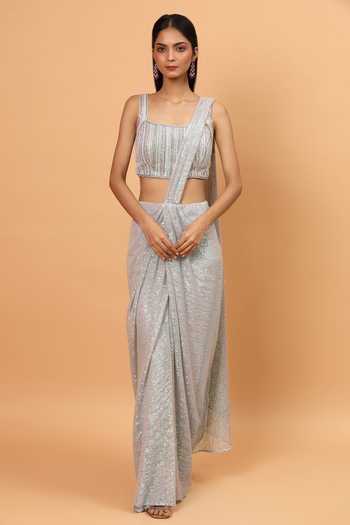 Cloud Dancer Knitted Sequin Saree with Self Blouse Fabric