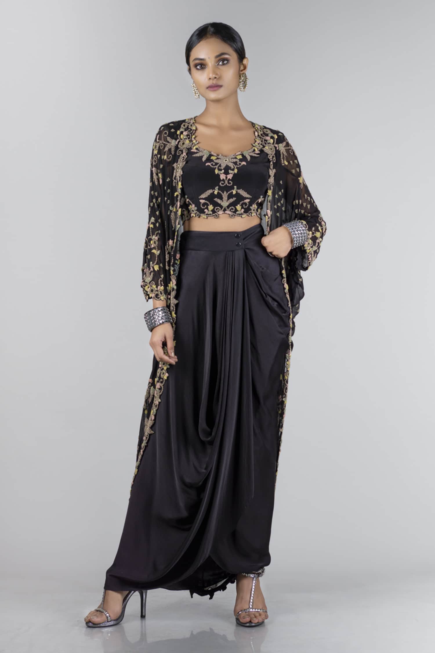 Buy Nupur Kanoi Black Georgette Embroidered Jacket And Draped Pant Set ...