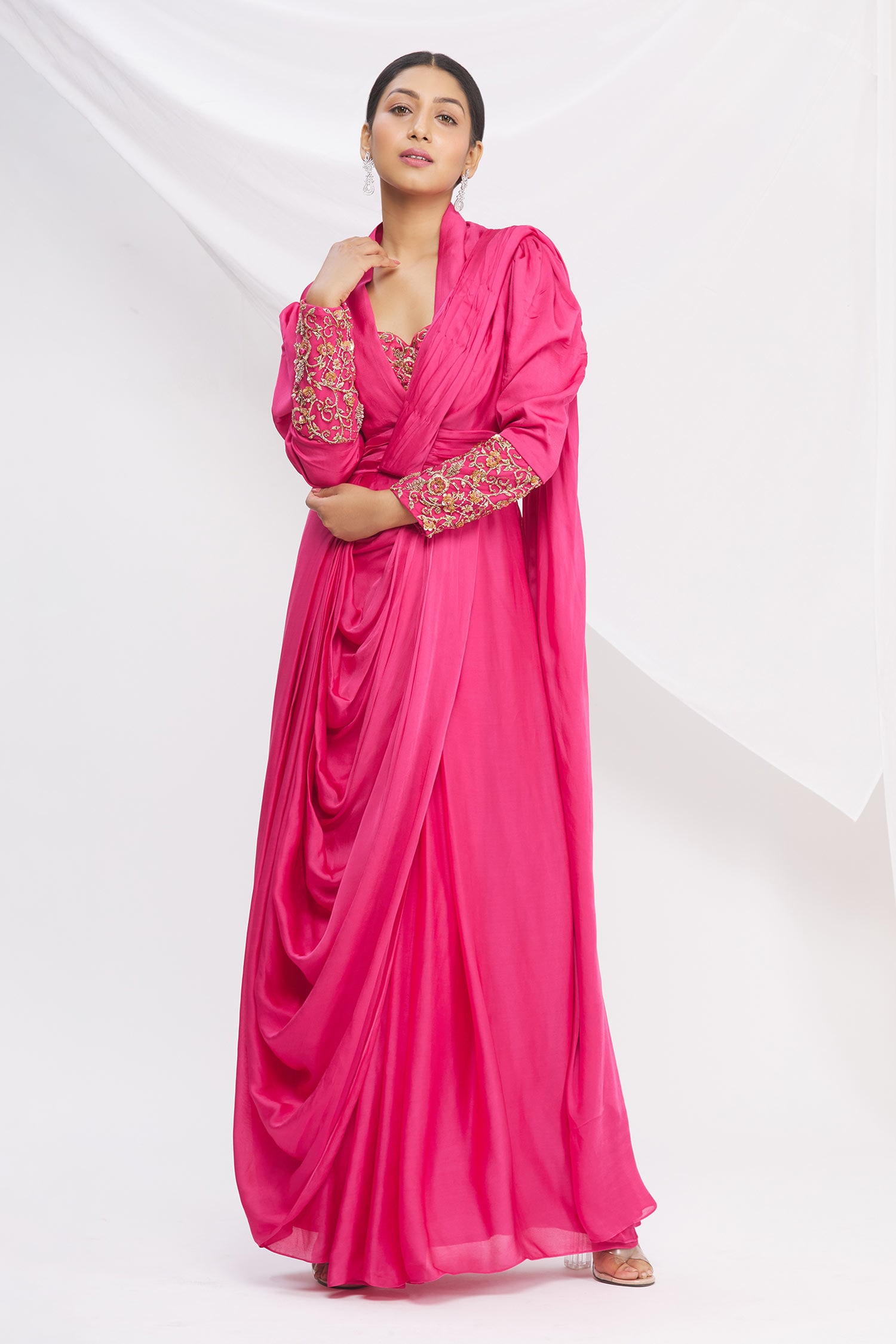 Nitika Kanodia Gupta Pink Cowl Draped Saree Gown For Women