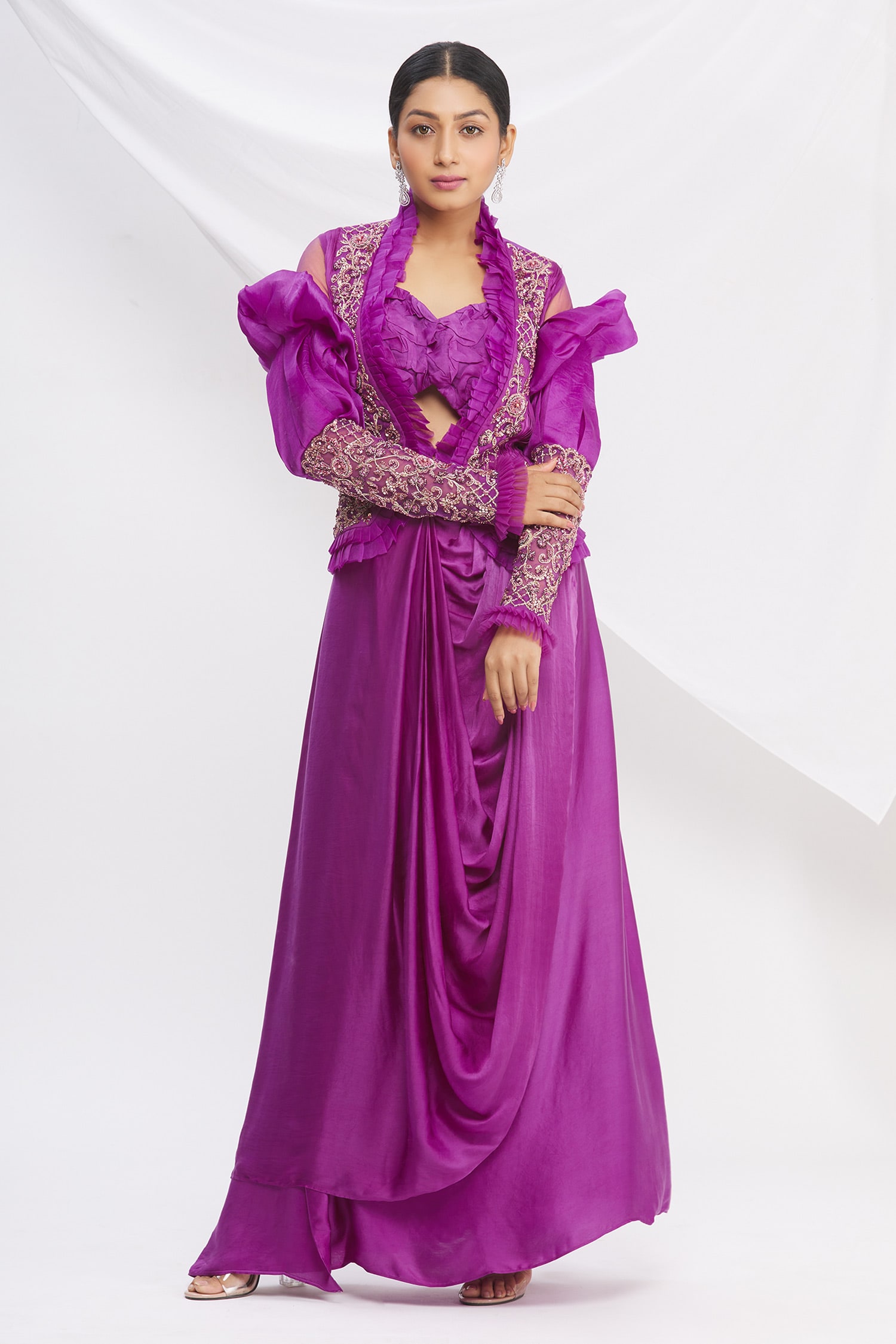 Buy Nitika Kanodia Gupta Purple Pleated Jacket And Cowl Draped Skirt ...