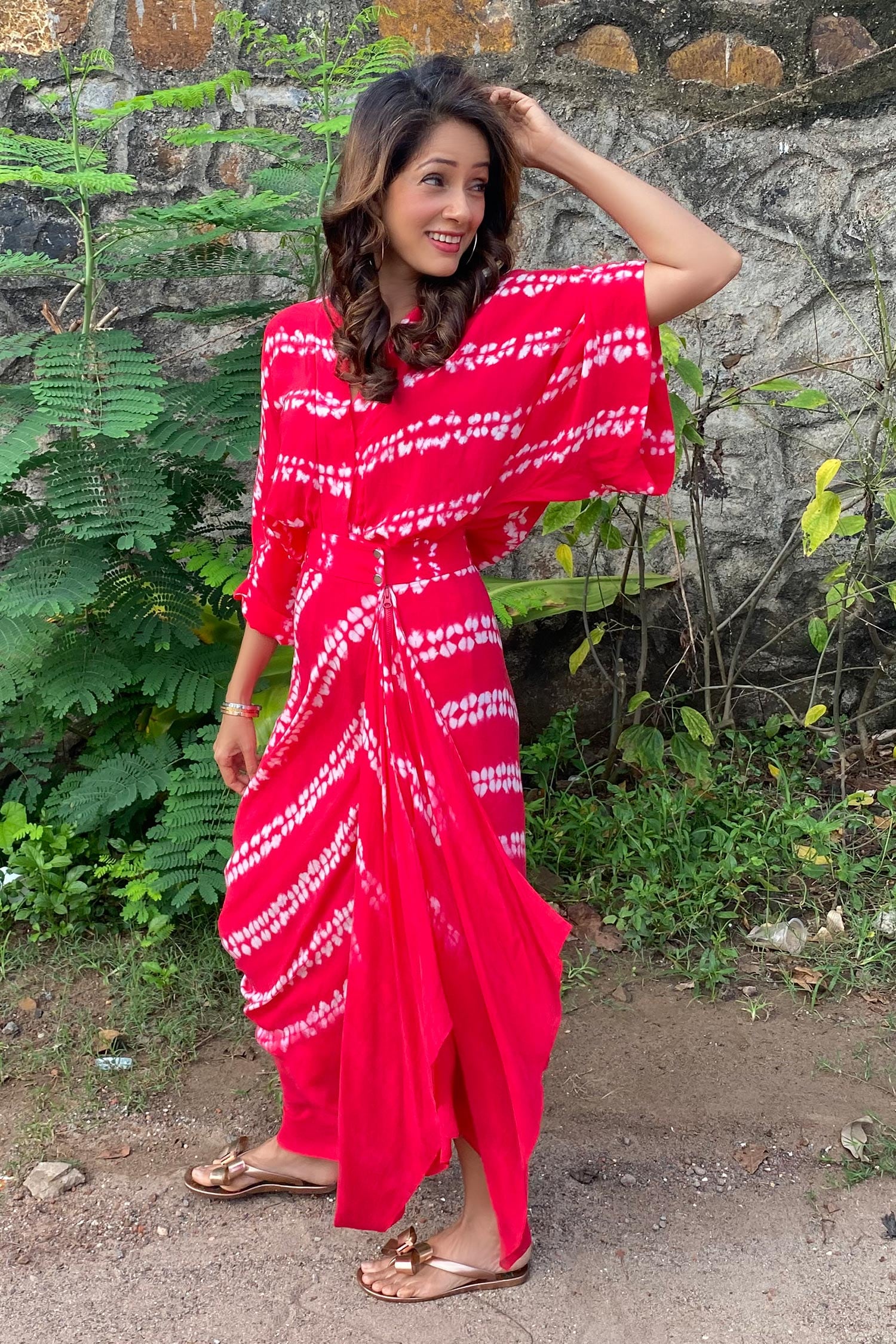 Nupur Kanoi - Pink Crepe Embroidery V Neck Shibori Print Wrap Dress For  Women