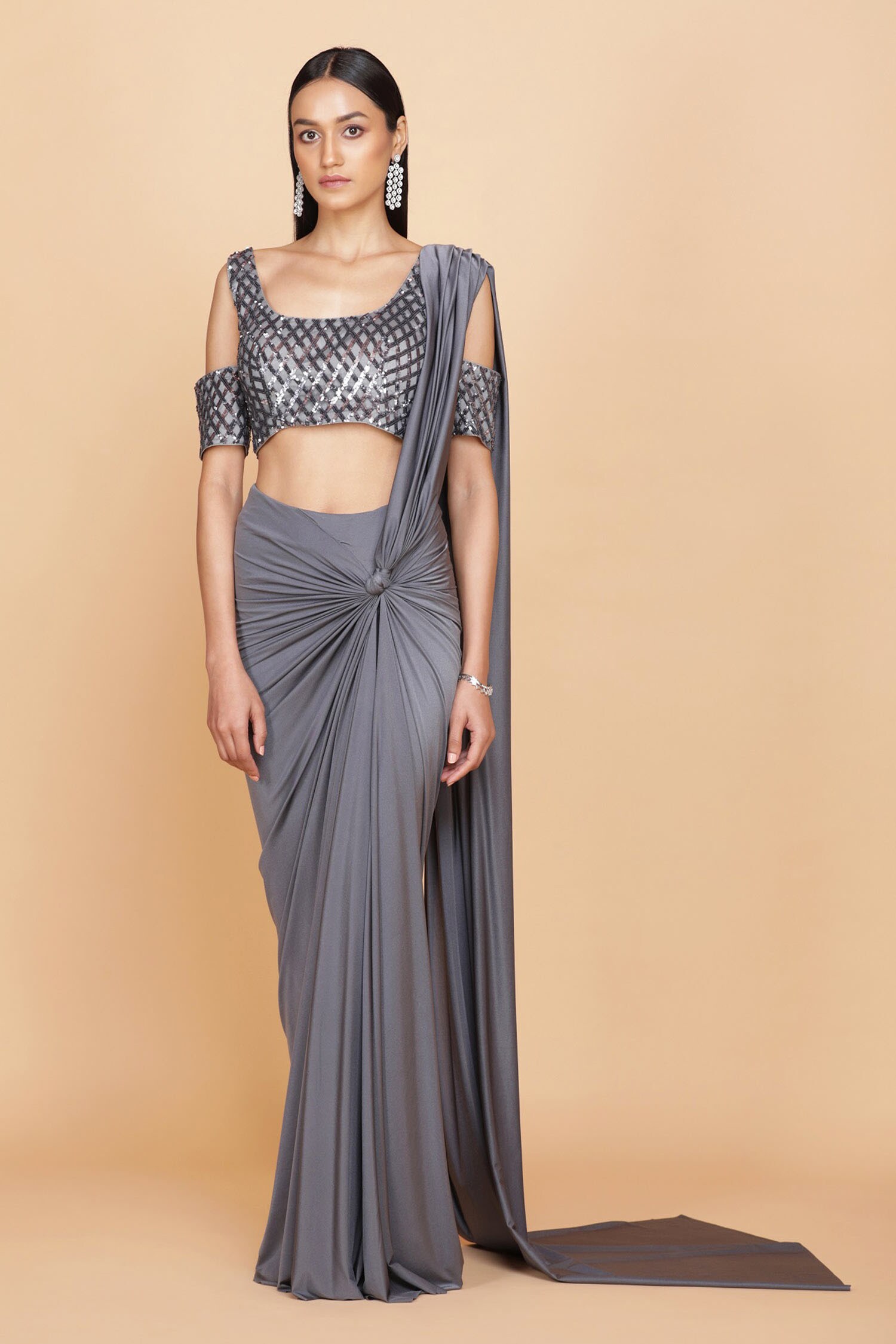 Neeta Lulla Grey Tulle Embroidery U Neck Pre-draped Saree With Blouse For Women