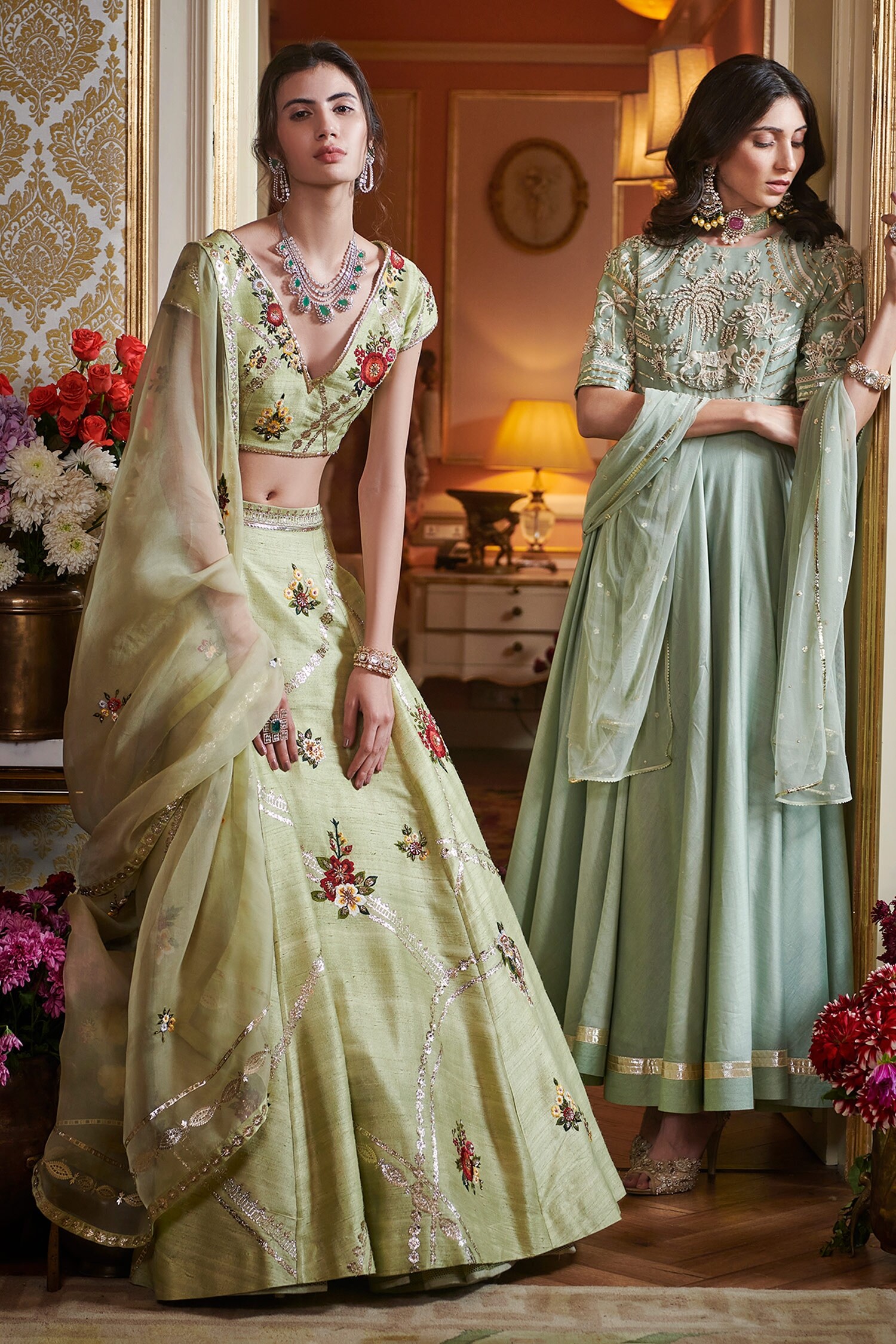 Tea Green Floral Sequin Lehenga Set – Seema Gujral