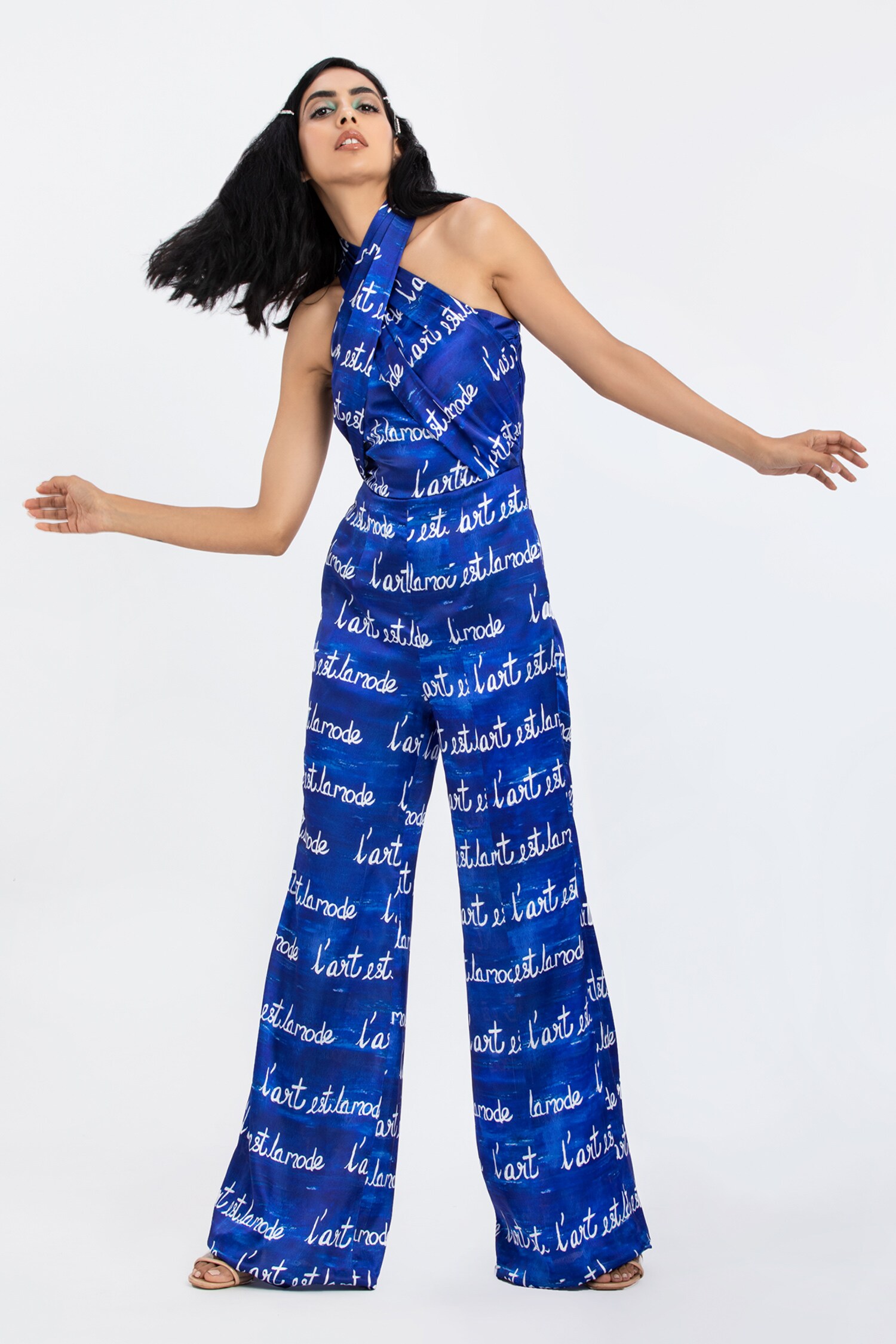 Buy Nori Blue Satin Printed Jumpsuit Online | Aza Fashions