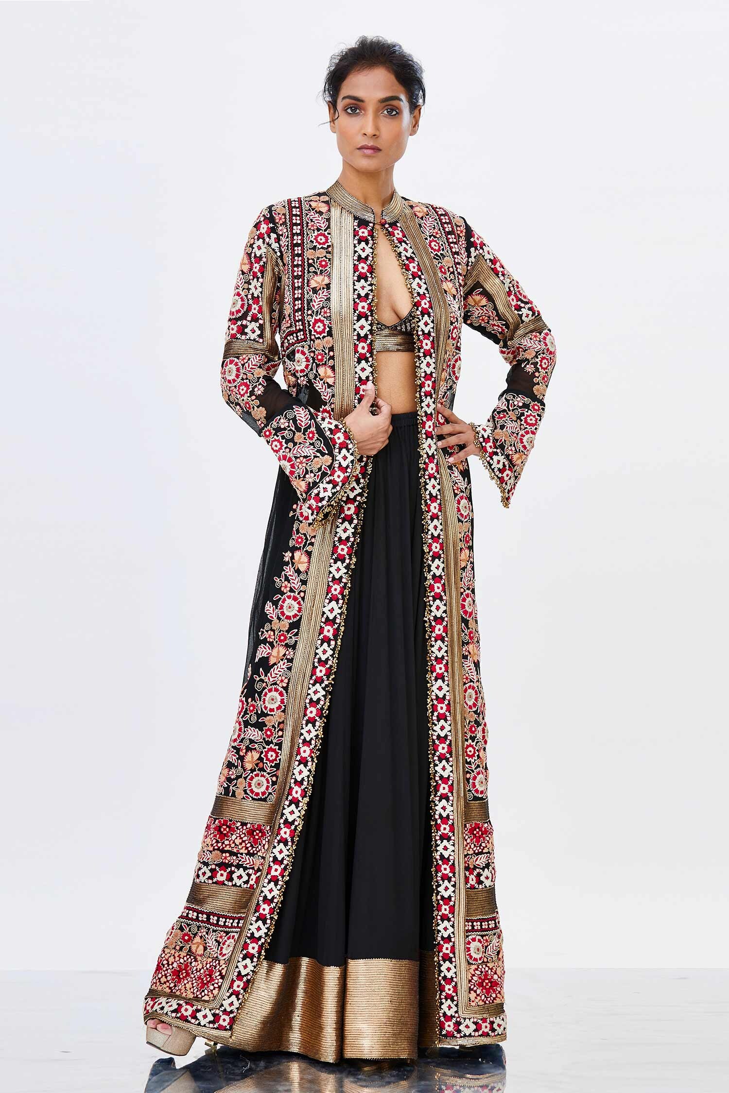 Nakul Sen Black Chiffon Jacket: Mandarin Collar Embroidered And Skirt Set For Women