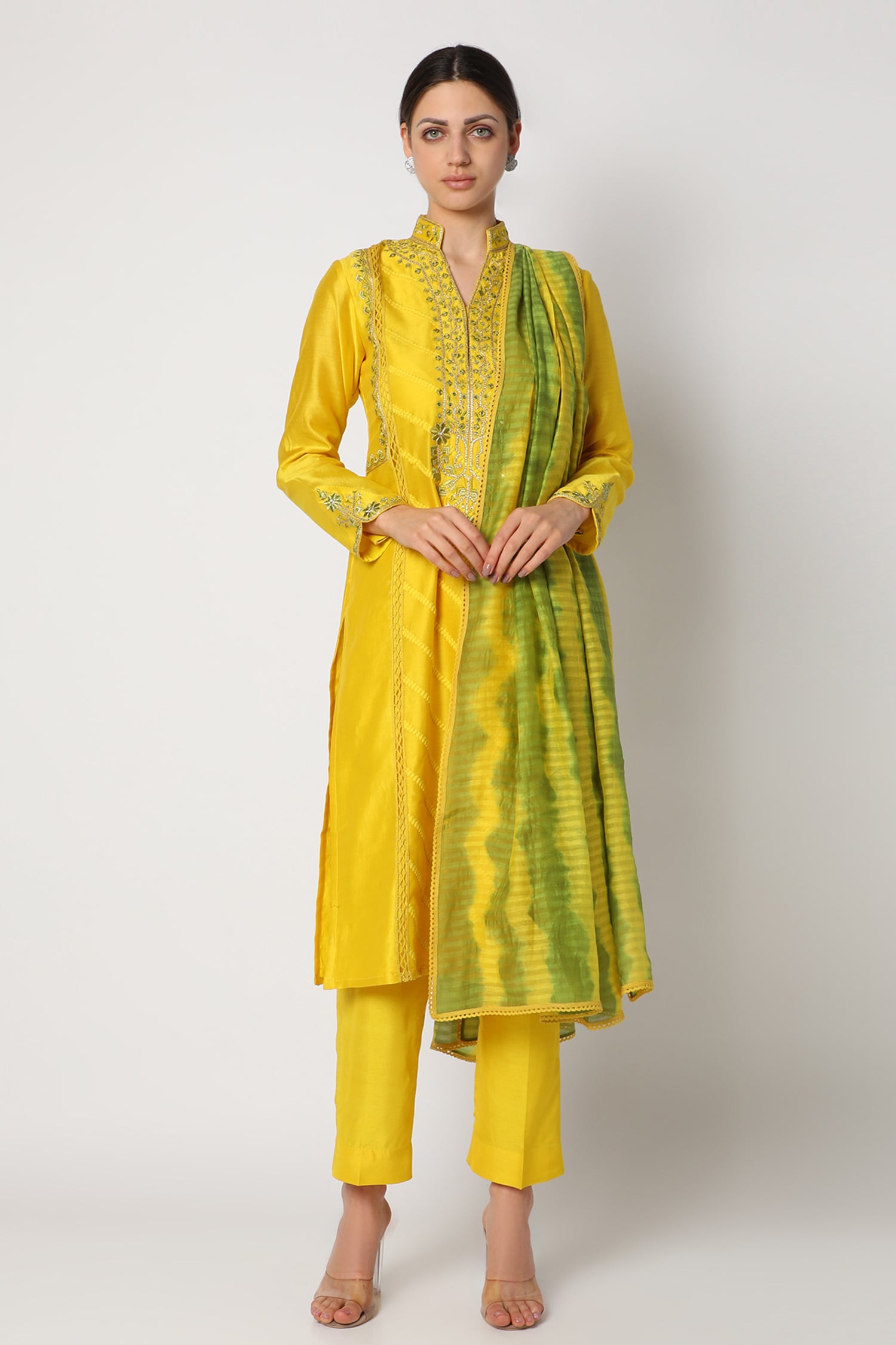 Buy Yellow Silk Chanderi Mandarin Collar Kurta Set For Women by Nadima ...