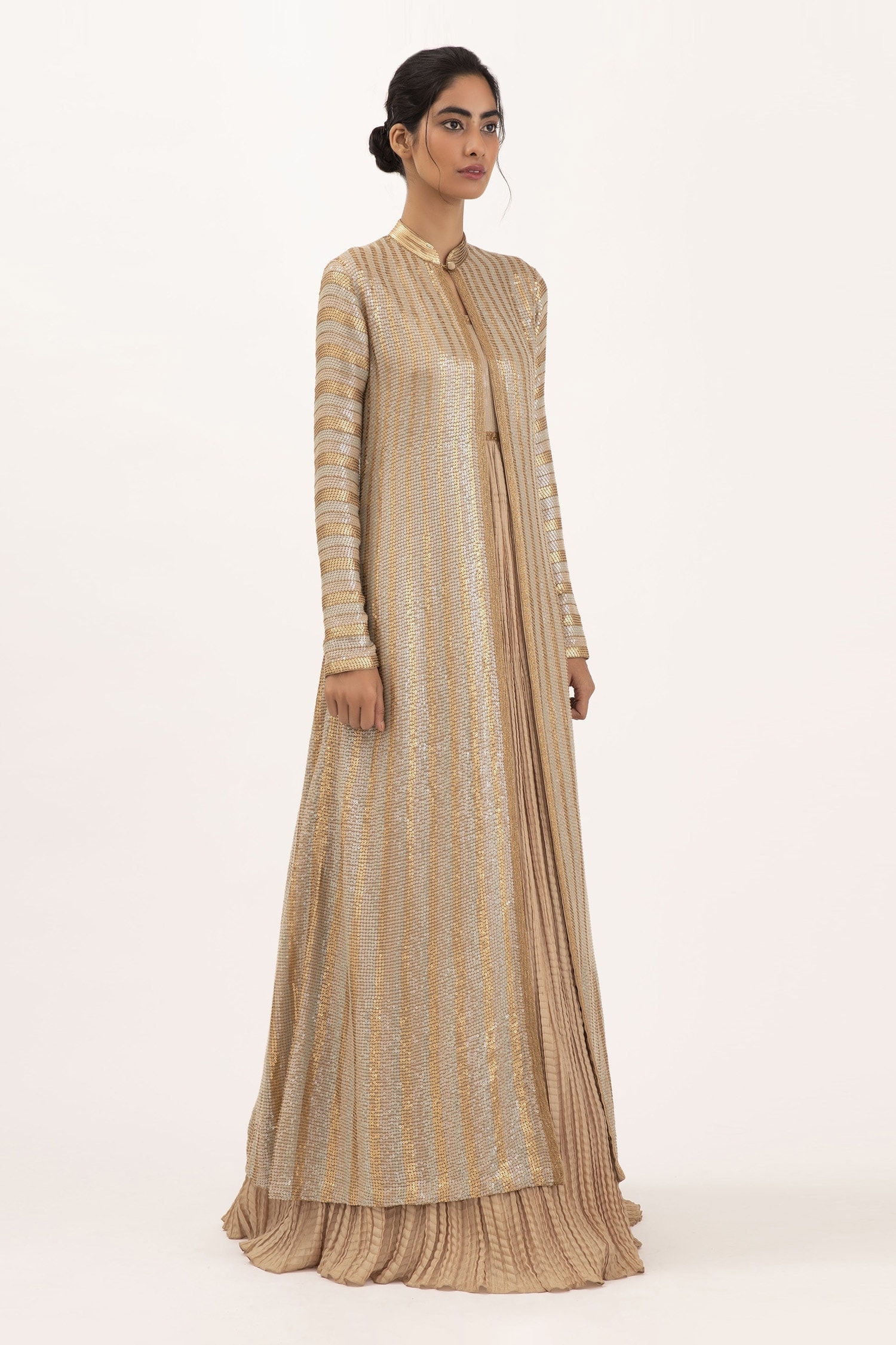 Nakul Sen Beige Chiffon Embroidery Sequin Band Jacket With Gown For Women