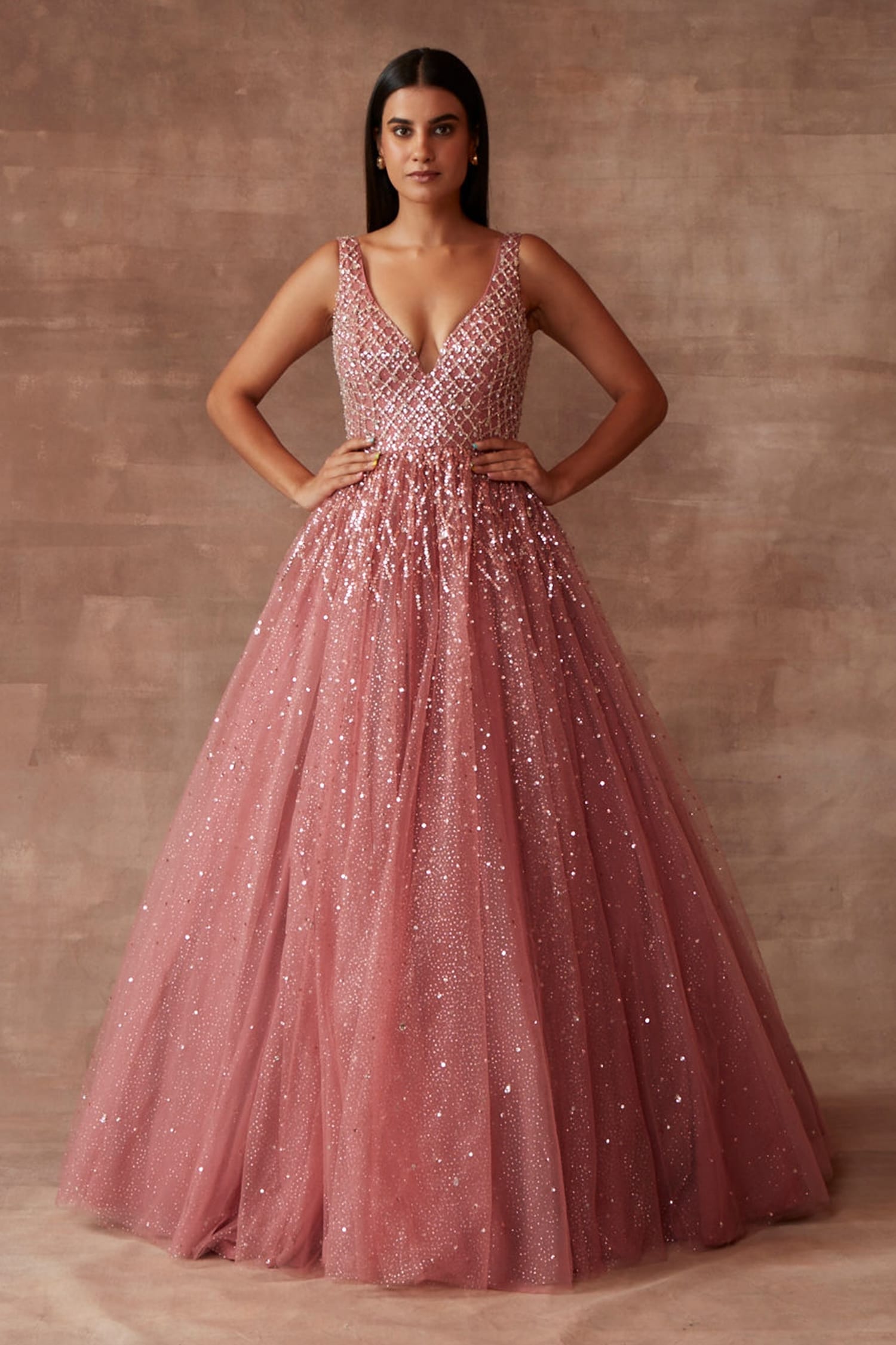 Neeta Lulla Pink Tulle Embellished Sequins Plunge V Neck Belle Gown For Women