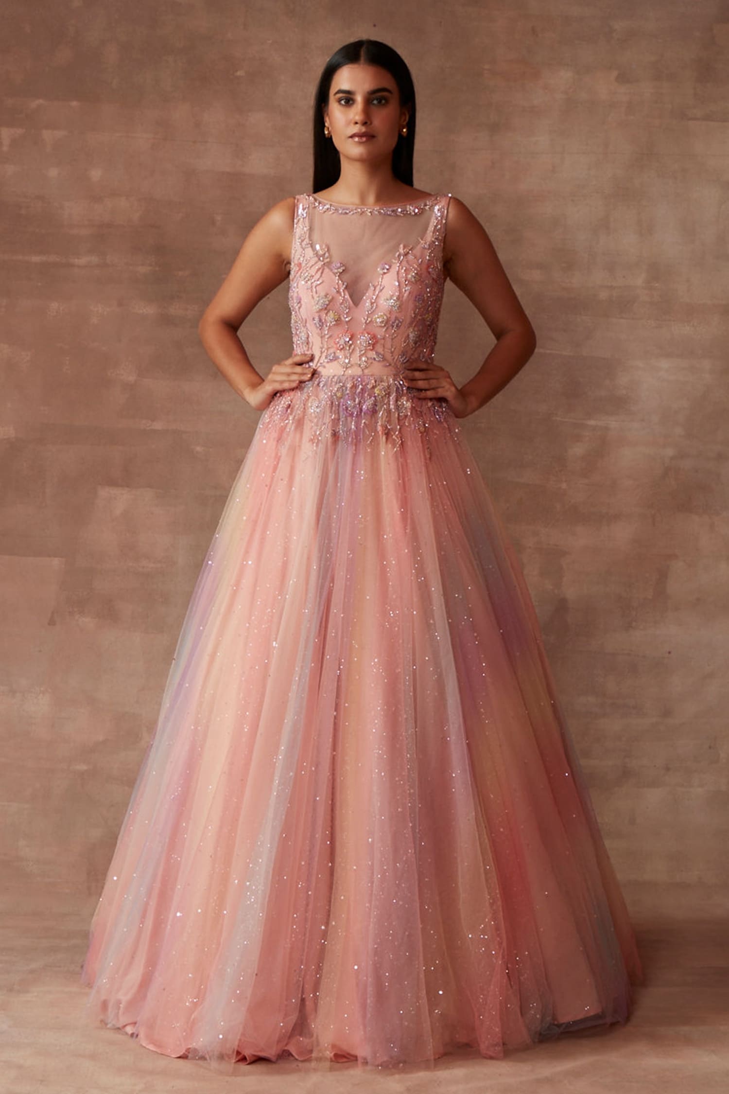 Neeta Lulla - Peach Tulle Embellished Sequins Illusion Neck Ariel Gown