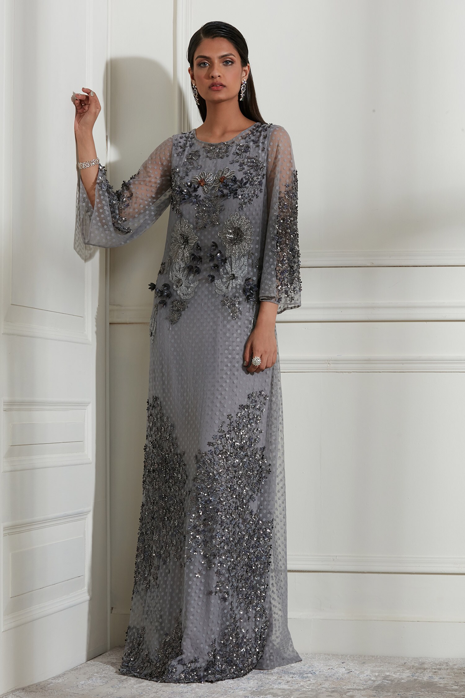 Buy Grey Tulle Embroidered Gown For Women by Not So Serious By Pallavi ...