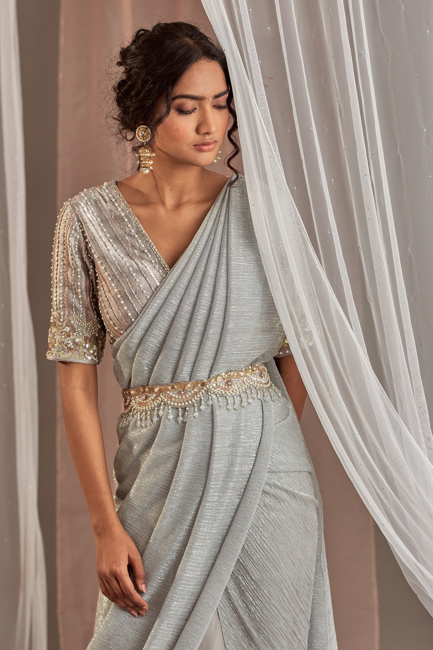 Buy Silver Net Embellished Plunge V Neck Pre-draped Saree With Blouse For  Women by Itrh Online at Aza Fashions.