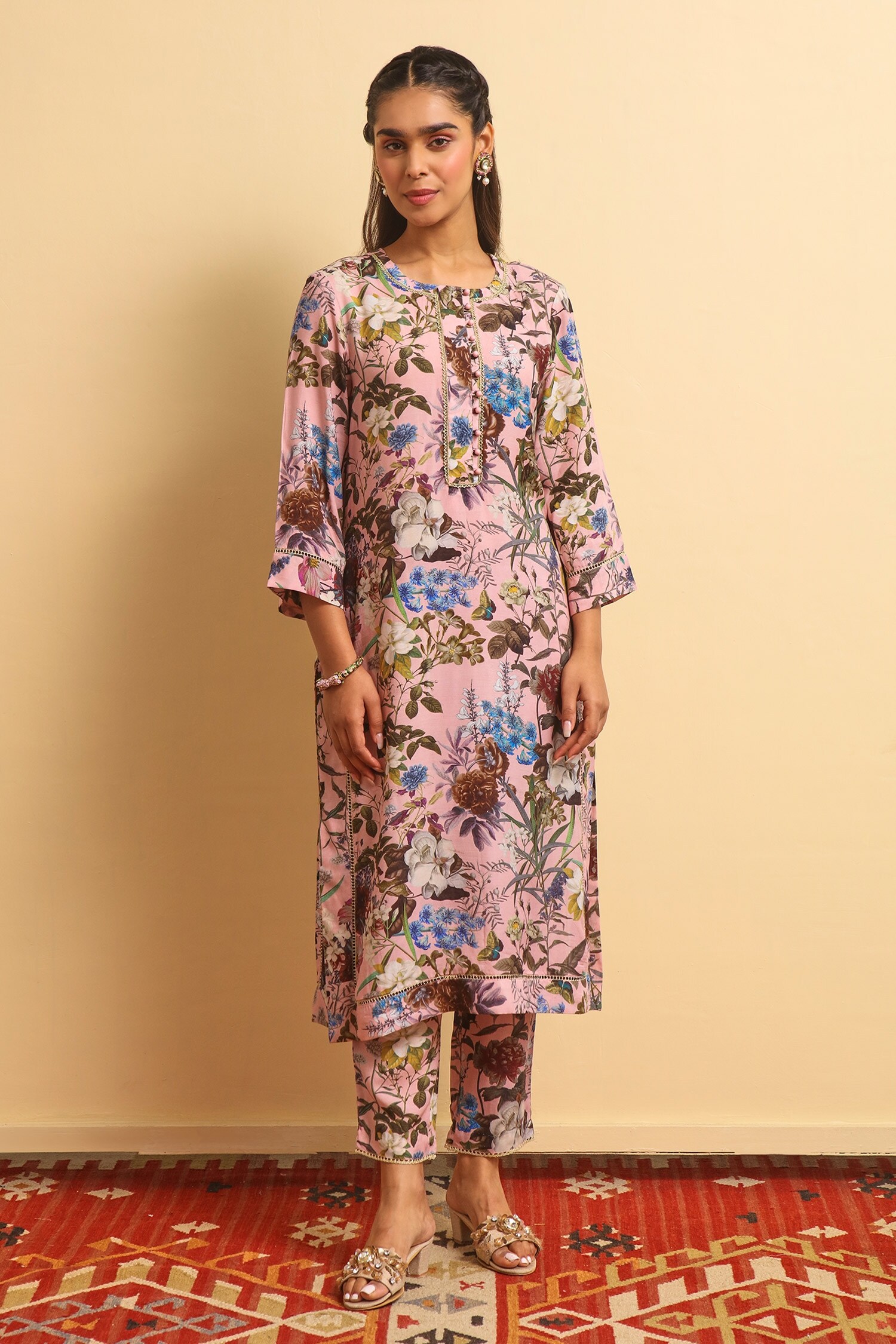 Buy Pink Silk Bemberg Printed Floral Round Megha Kurta And Pant Set For ...