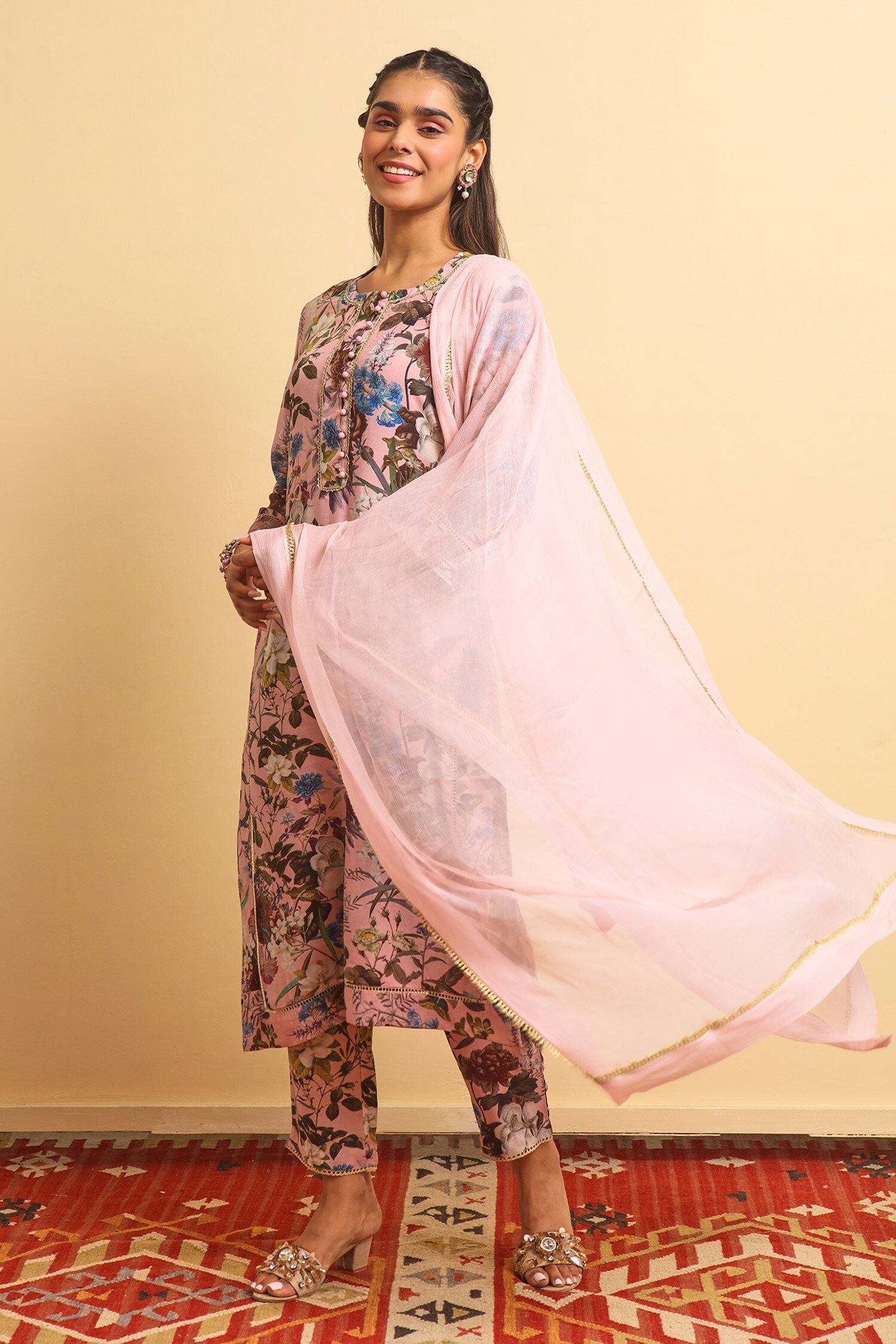 Buy Pink Silk Bemberg Printed Floral Round Megha Kurta Pant Set For ...