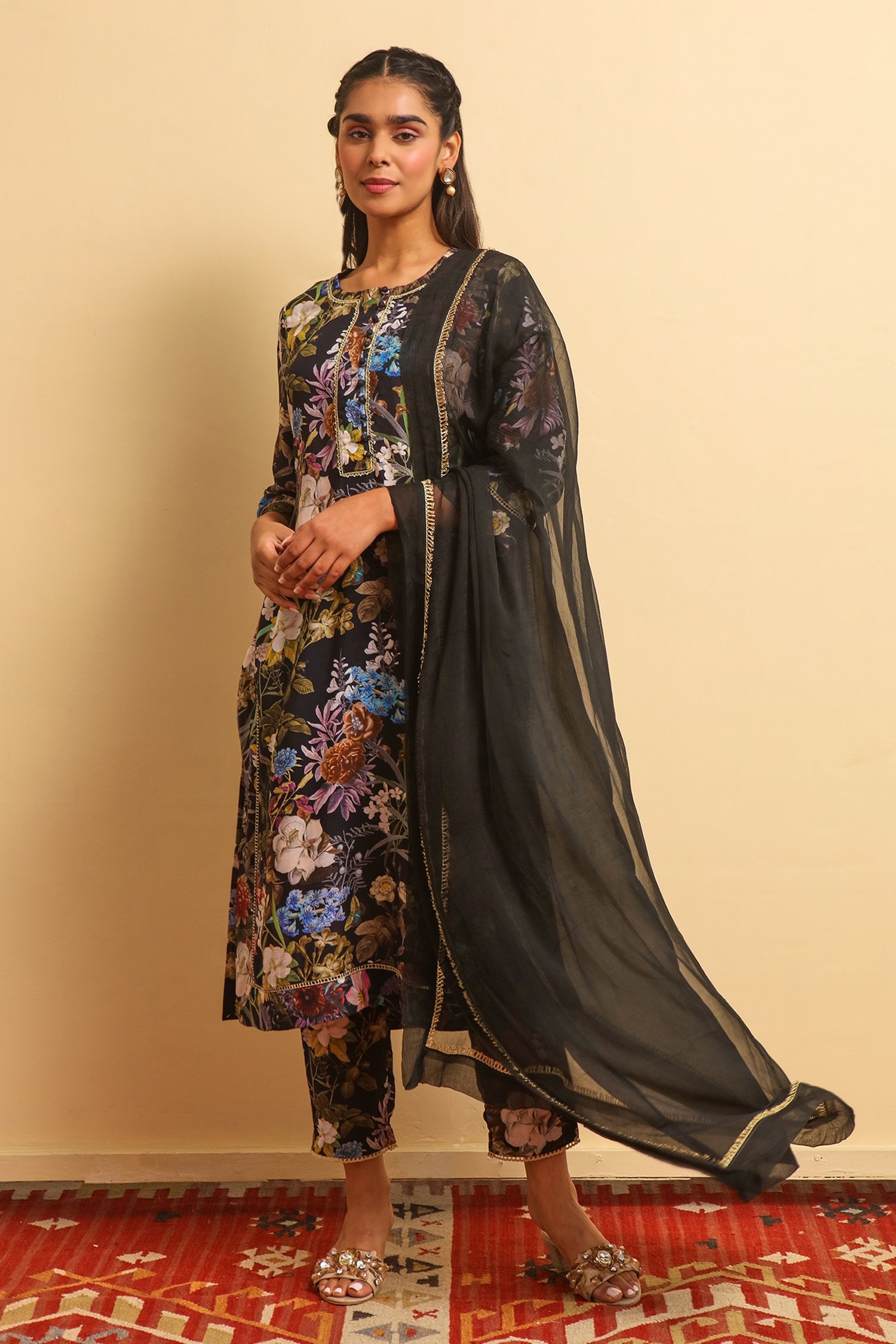 Buy Black Silk Bemberg Printed Floral Round Megha Kurta Pant Set For ...