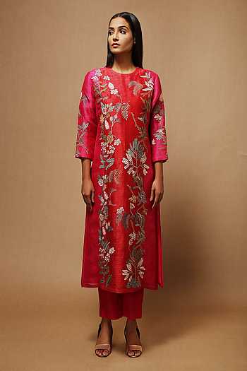 Sabya Red Long Kurta with Pant - Jacquard Silk