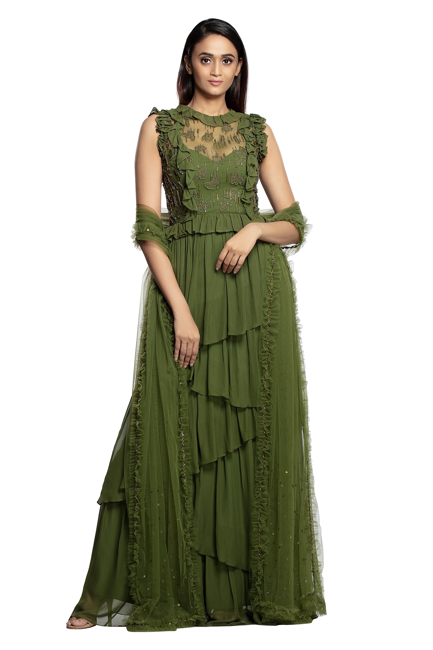 Buy Ohaila Khan Green Tulle Ruffle Anarkali With Dupatta Online | Aza ...