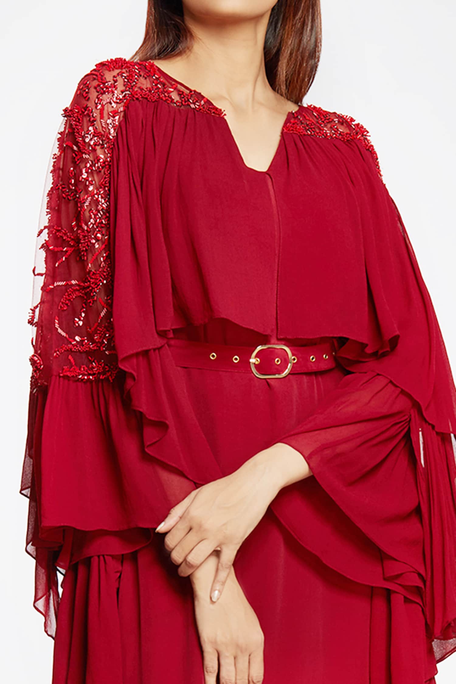 Buy Ohaila Khan Maroon Layered Kaftan Dress With Belt Online | Aza Fashions