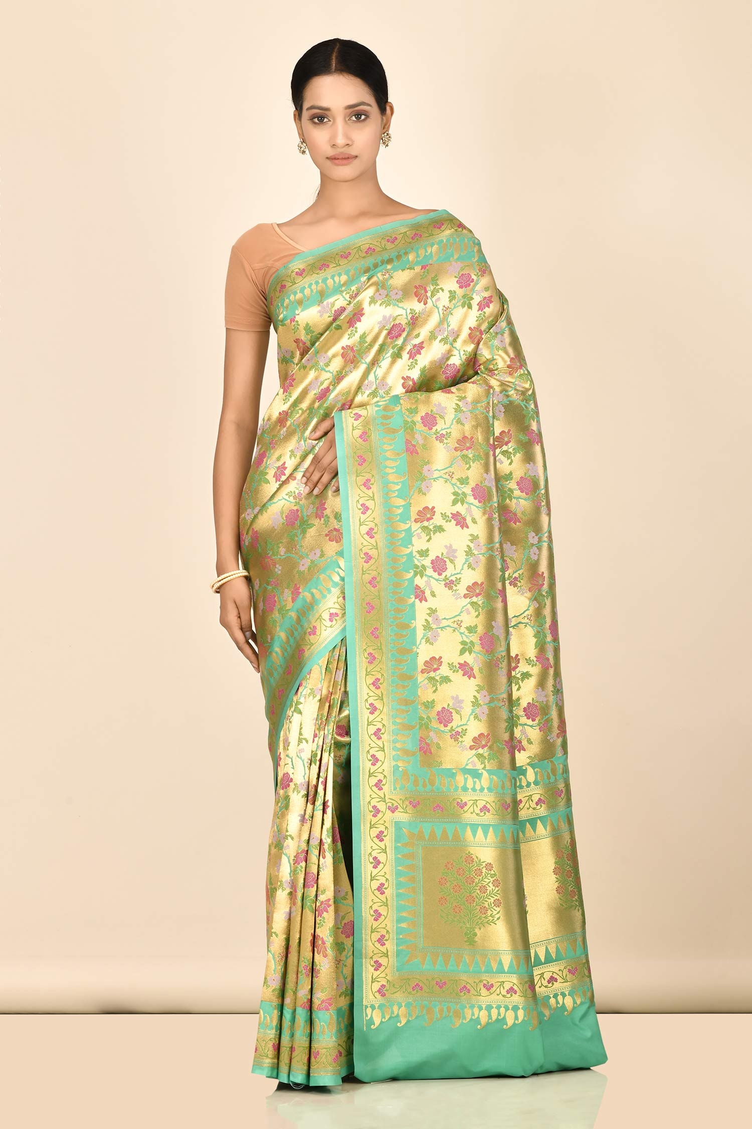 Buy Gold Banarasi Tissue Silk Minedar Saree For Women by Nazaakat by ...