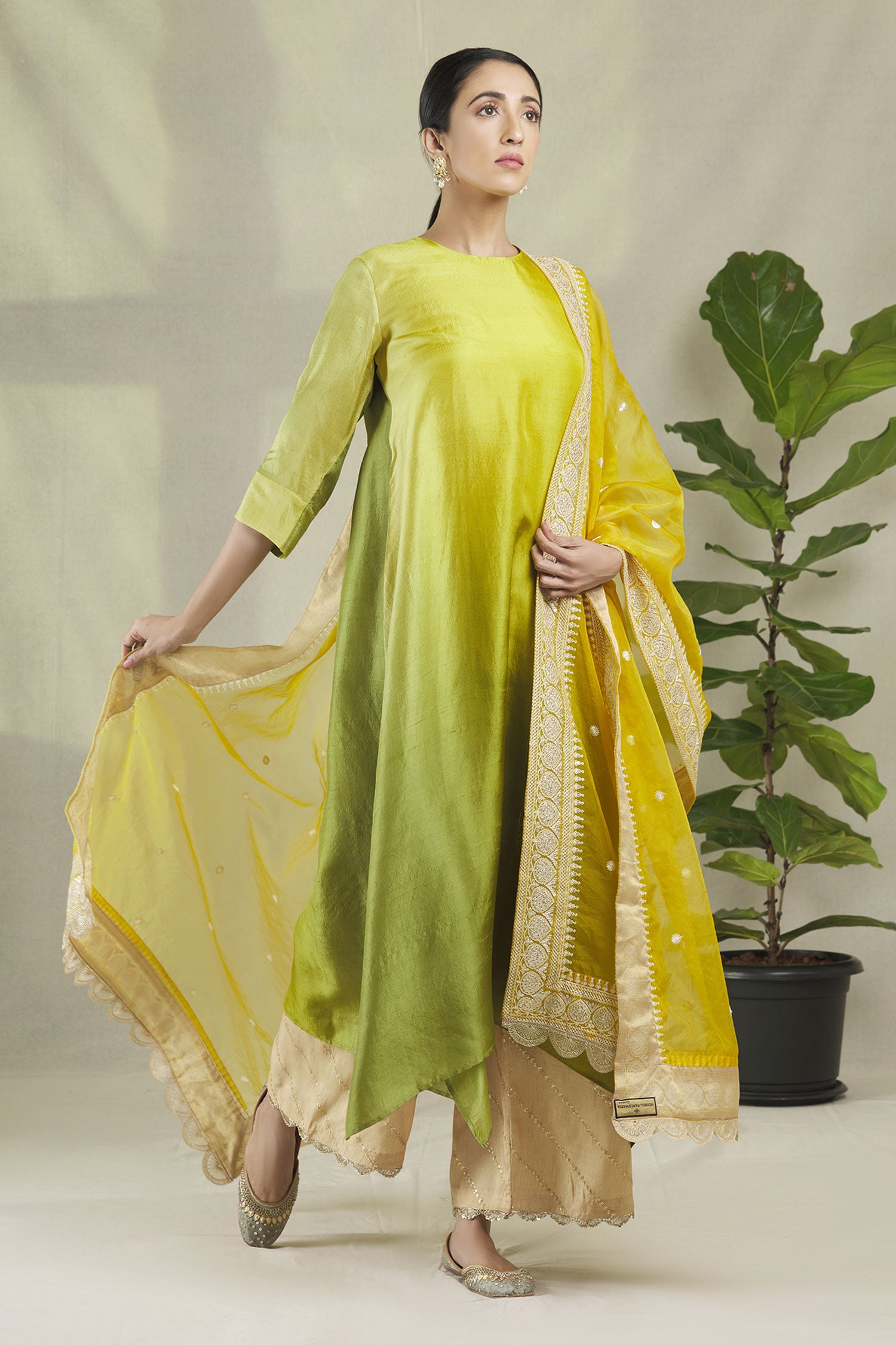 Buy Meghna Panchmatia Yellow Silk Kurta With Dupatta Online | Aza Fashions