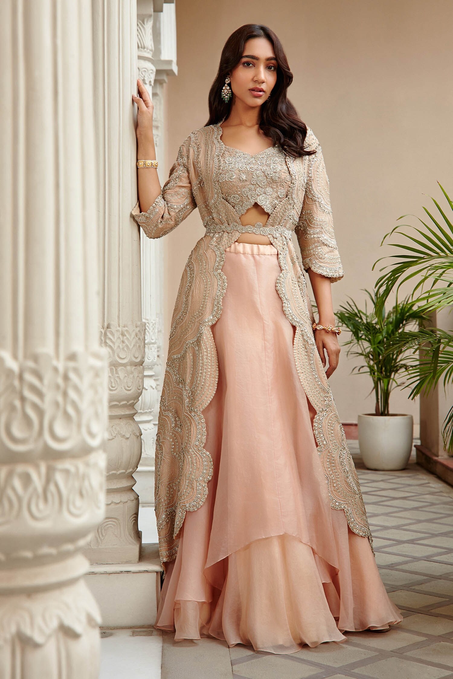 Buy Pink Jacket Tissue Hand Embroidered Zari Jacket Floral Lehenga Set For Women by Osaa by