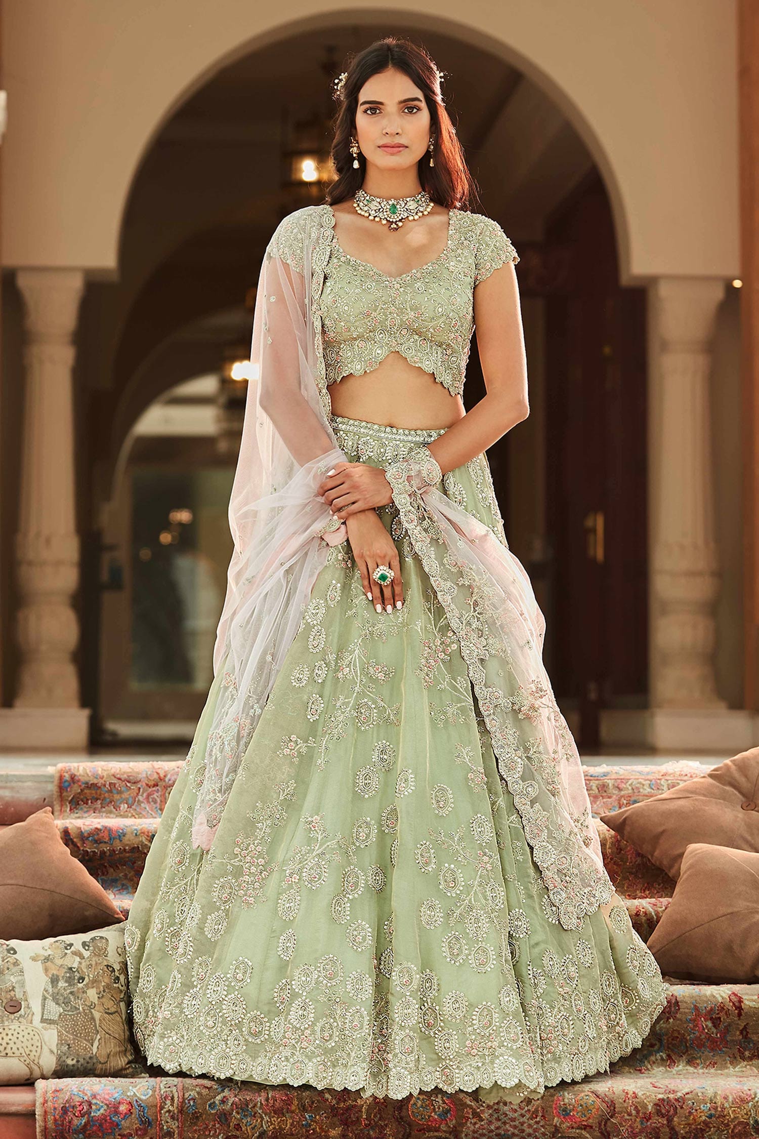 Buy Osaa by Adarsh Blue Tissue Kora Hand Embroidered Lehenga Set Online ...