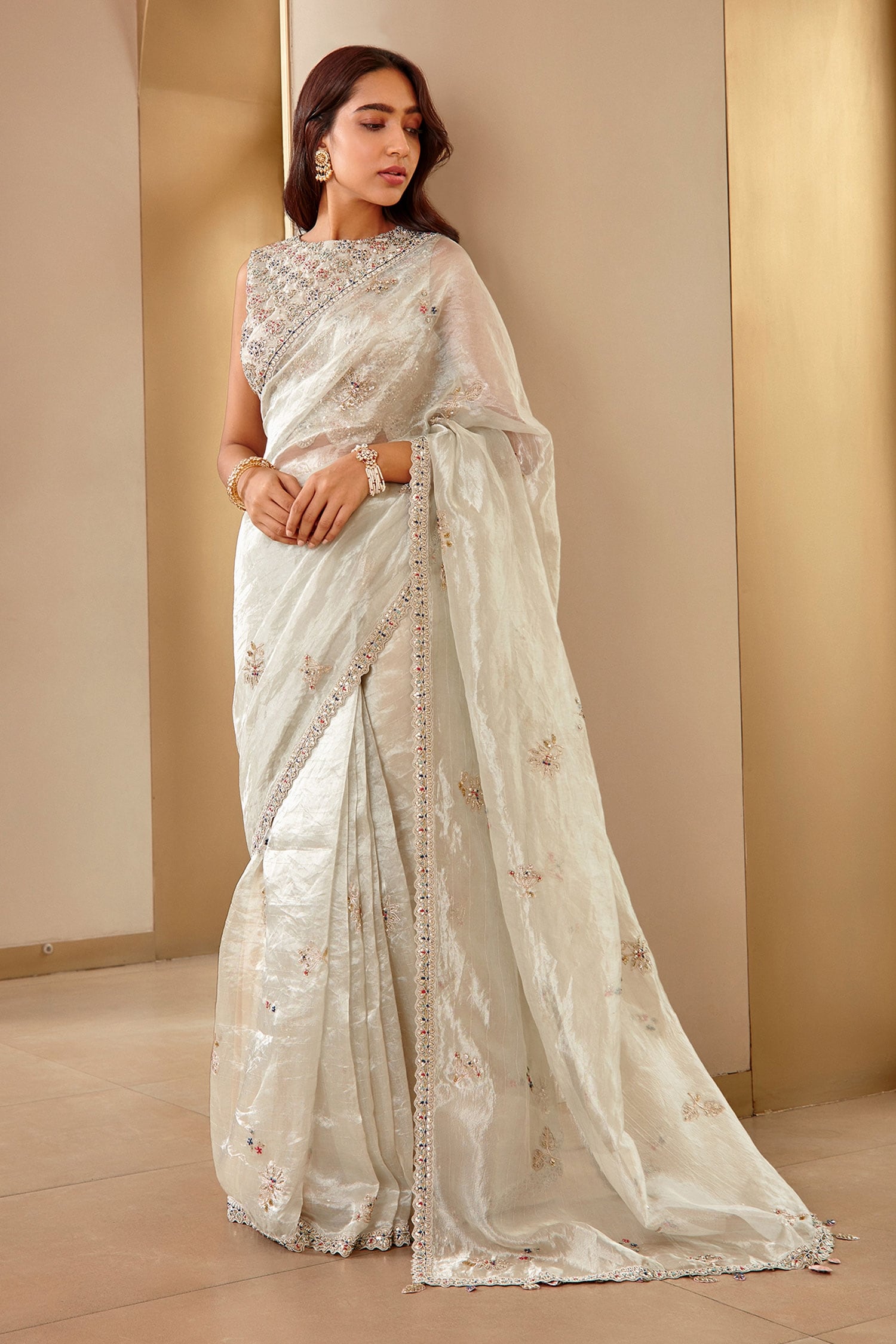 Osaa by Adarsh White Tissue Embroidery Floral Round Sequin Saree With Blouse For Women