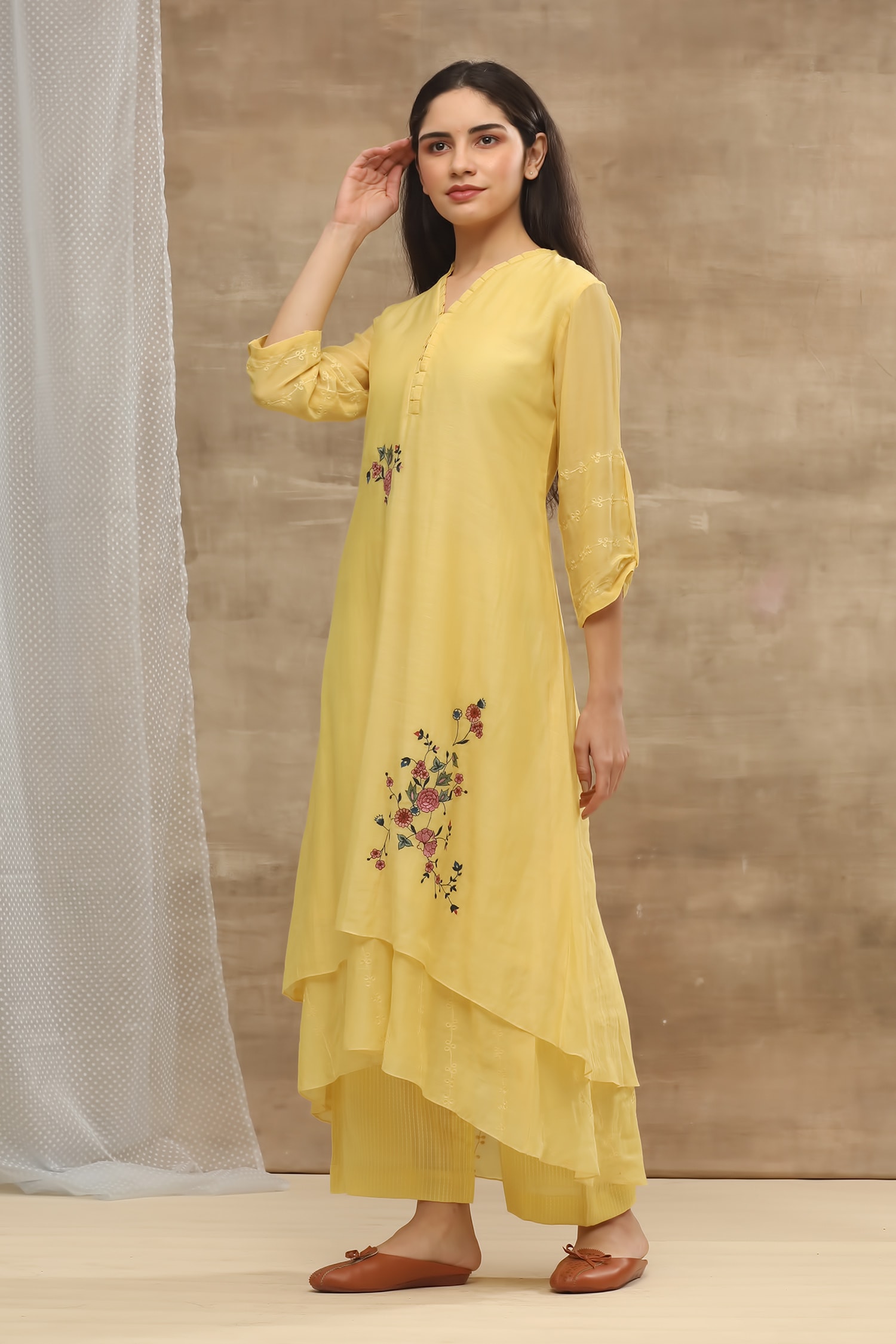 Buy Vaayu Yellow Handwoven Muslin Embroidered Kurta And Palazzo Set ...