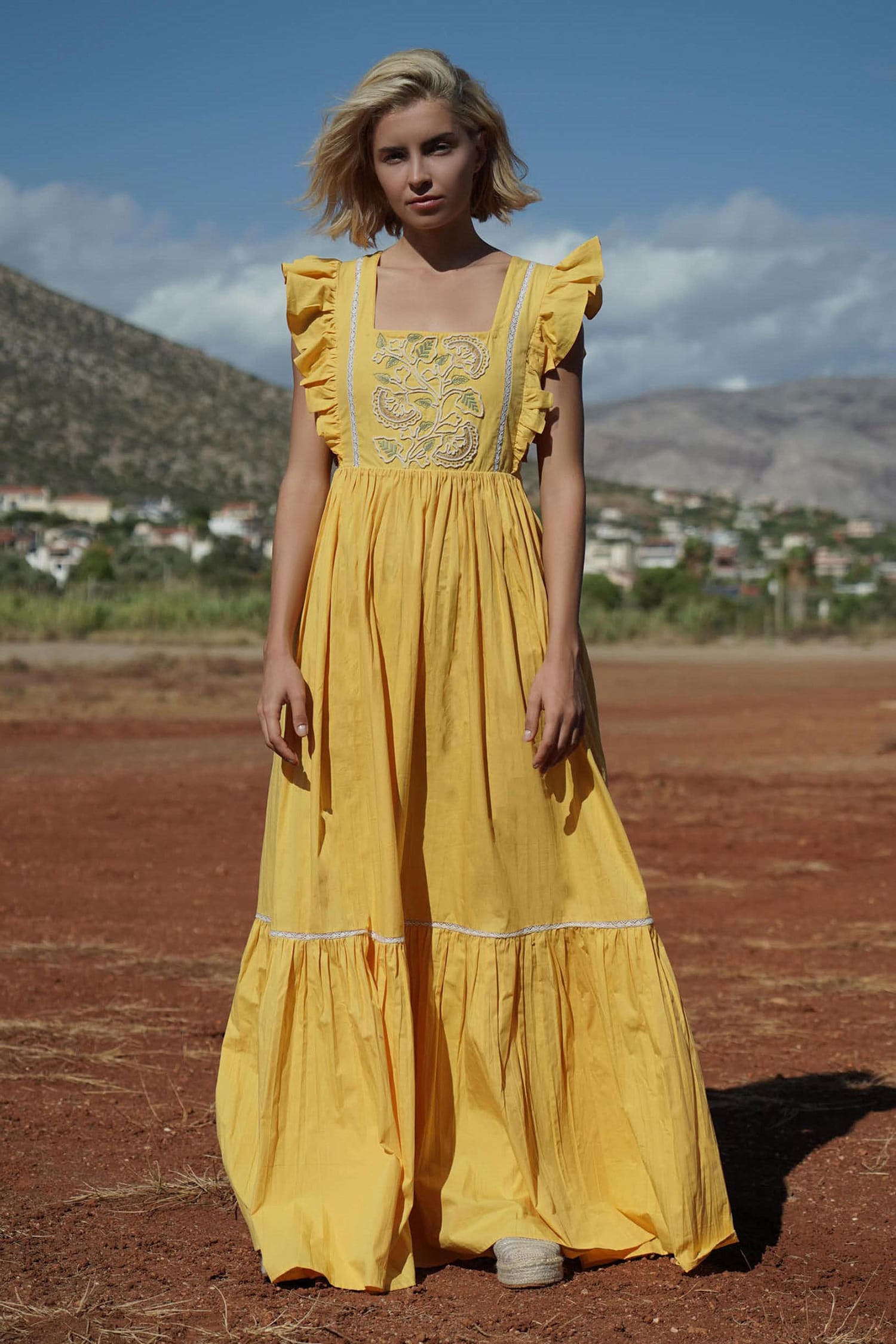 Buy Yellow Cotton Cambric Square Neck Flared Maxi Dress For Women