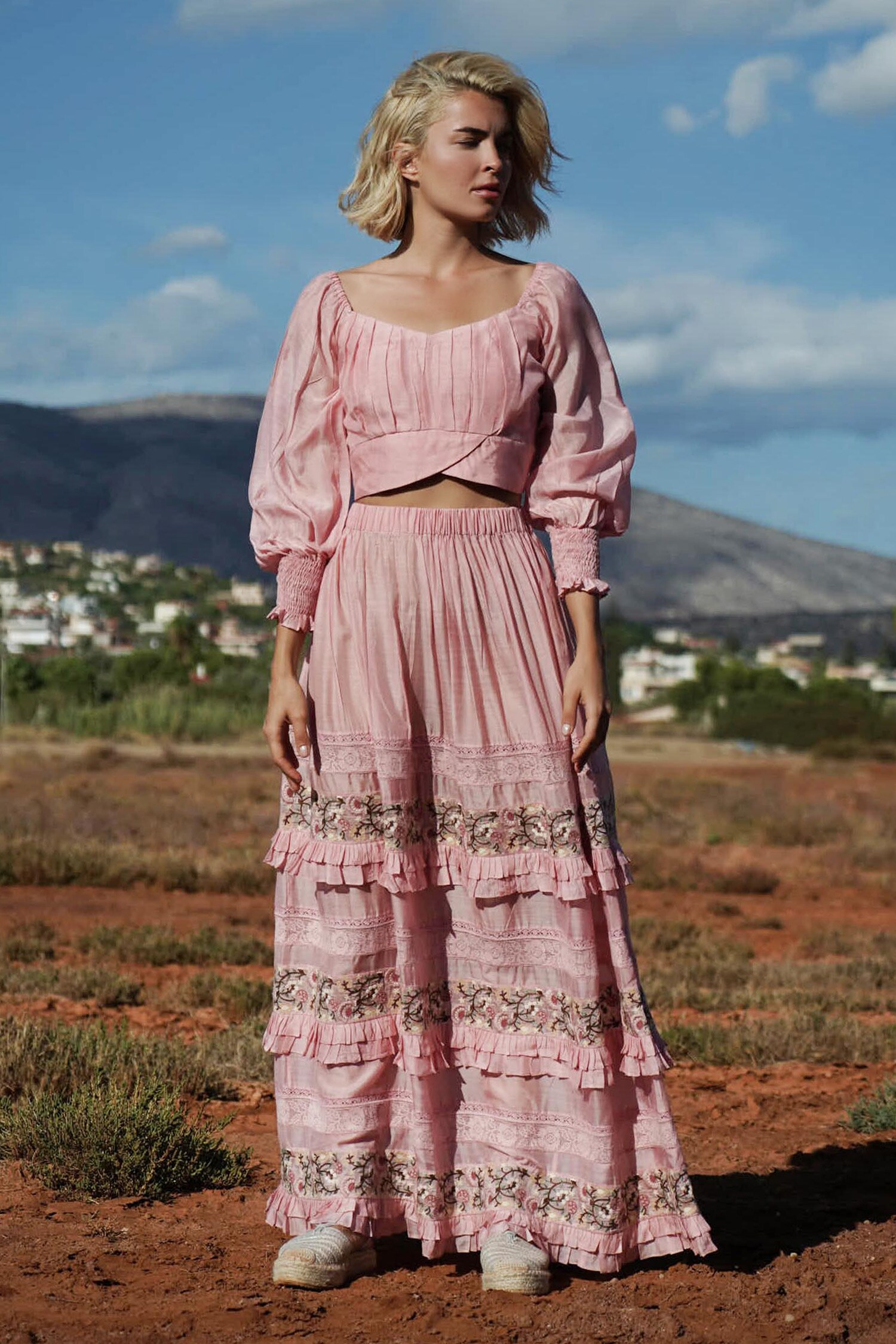 Shruti Sancheti Peach Silk Mul Embroidered Skirt Set