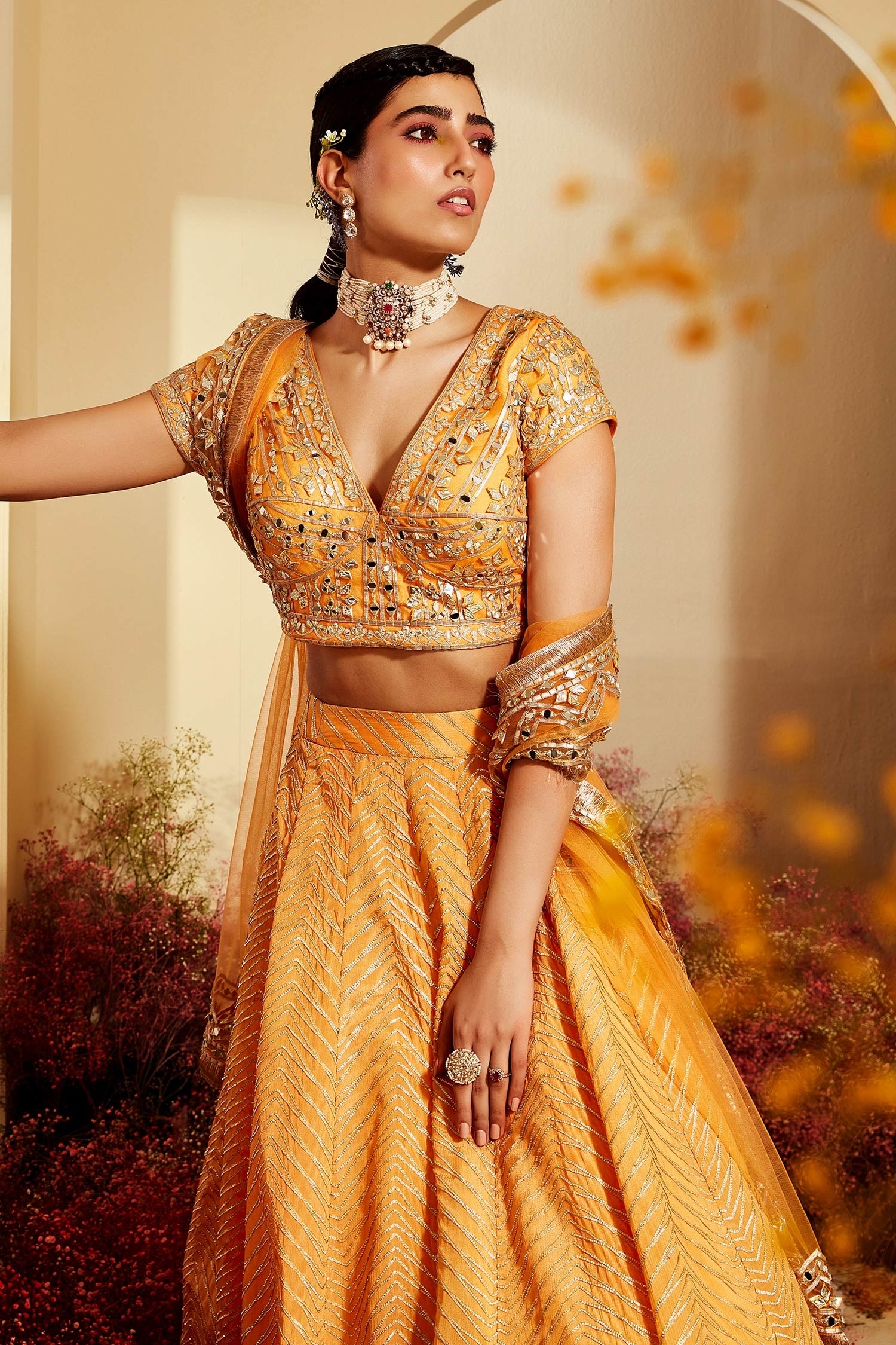 Bride wearing a pastel pink lehenga with a yellow dupatta and emerald  jewellery. | Pink bridal lehenga, Indian bride outfits, Indian bridesmaid  dresses