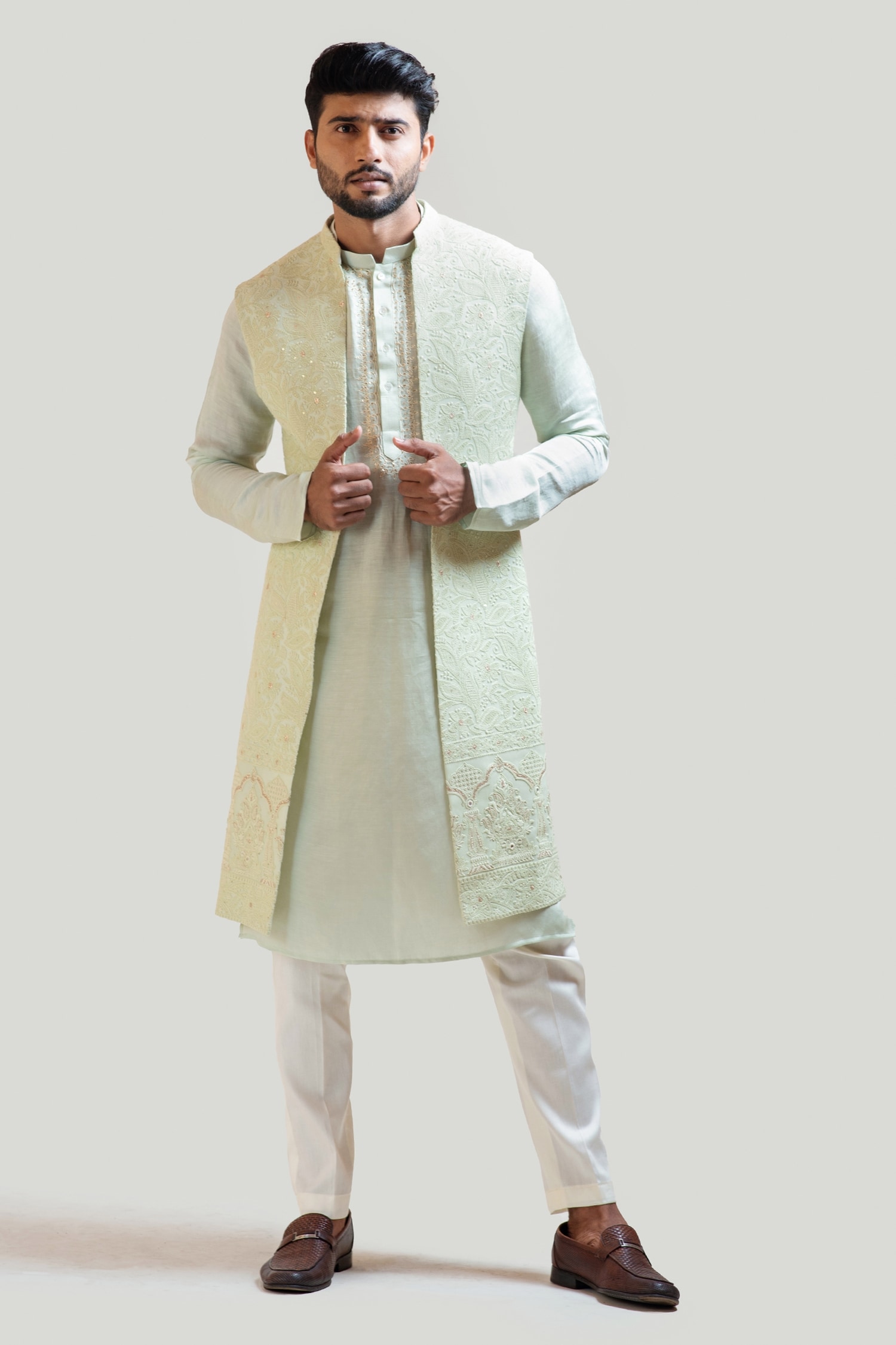 Ajay Arvindbhai Khatri Men's Italian Fabric Regular Nehru Jacket Fawn –  AjayArvindbhaiKhatri