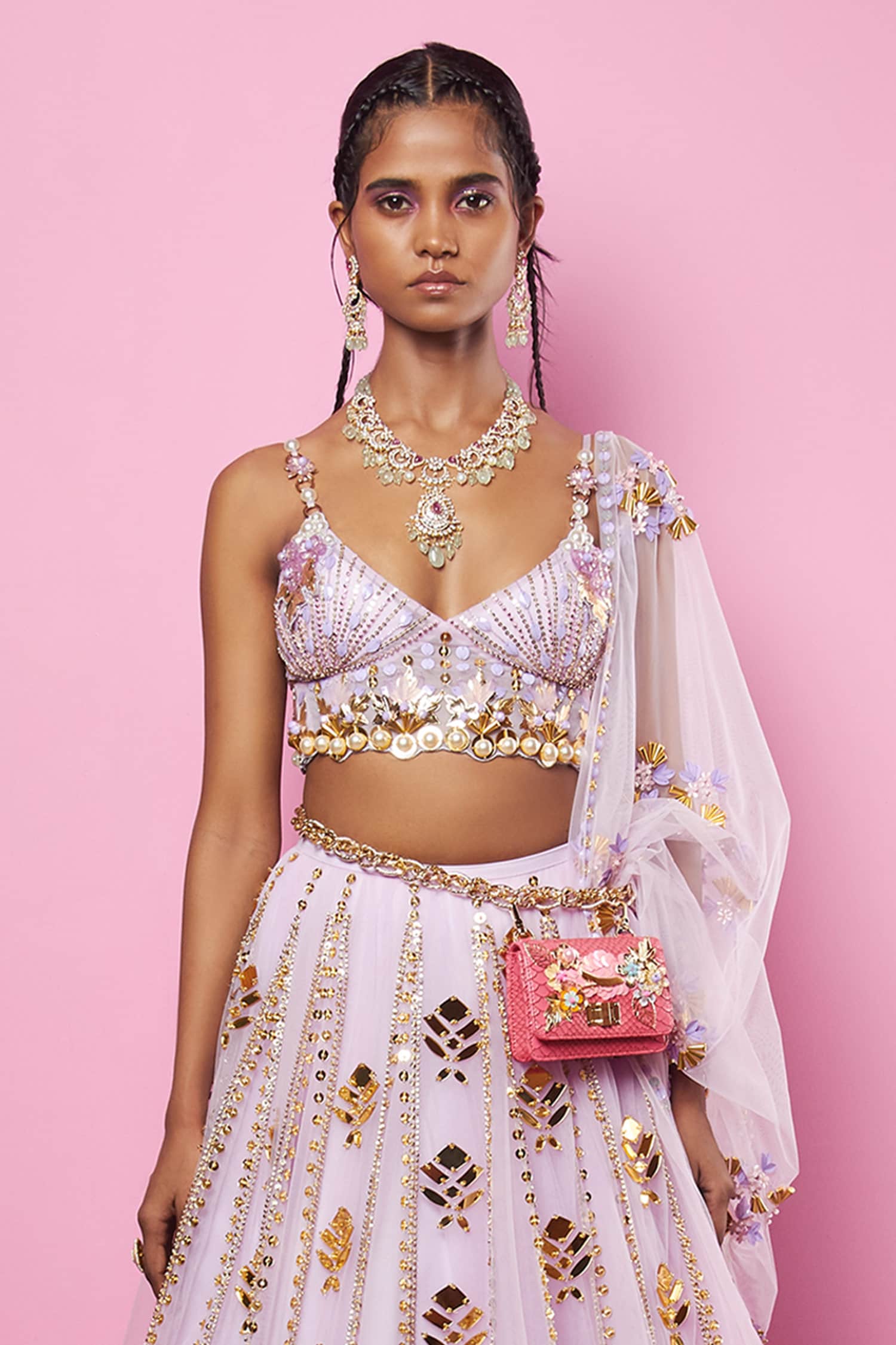 Buy Lilac 3D Embellished Strapy Bralette with Tulle Lehenga & Dupatta by  PAPA DON'T PREACH at Ogaan Online Shopping Site