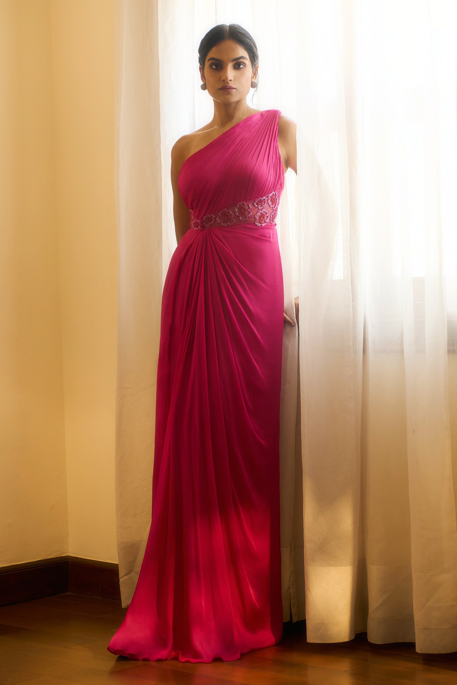 Buy Pink Viscose Georgette Satin Embellished Pleated One Shoulder Gown ...