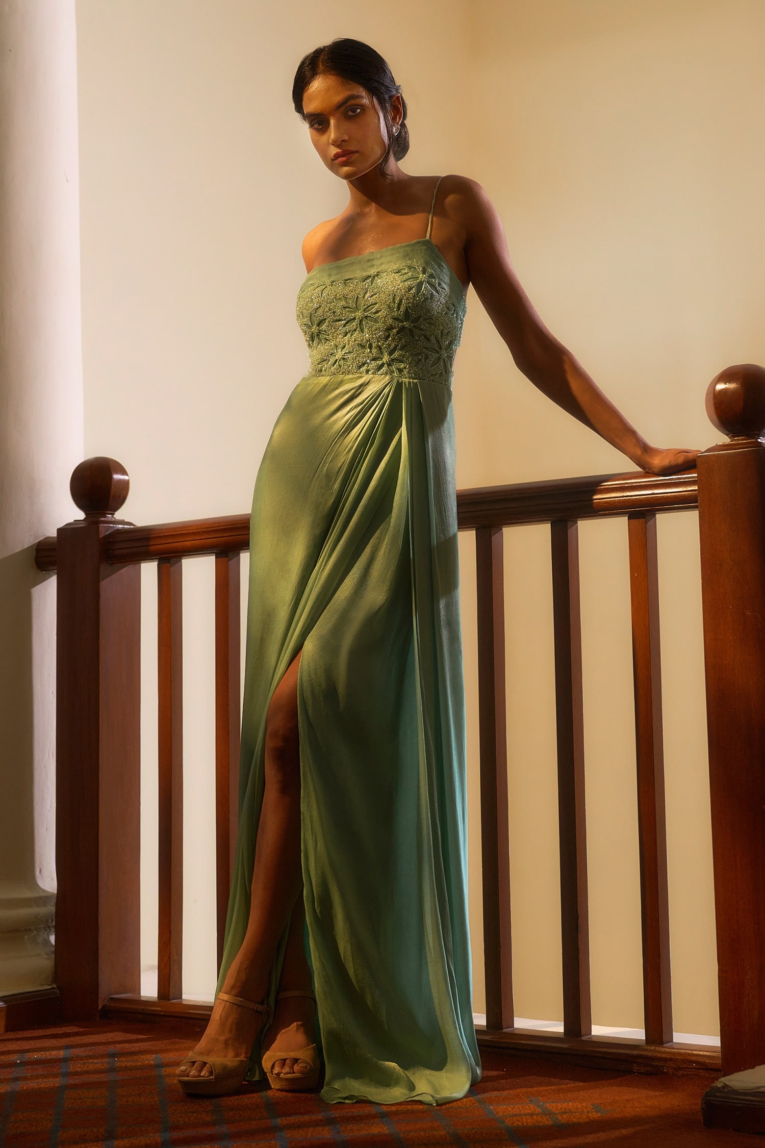 Buy Green Viscose Georgette Satin Embroidery Floral One Shoulder Gown ...