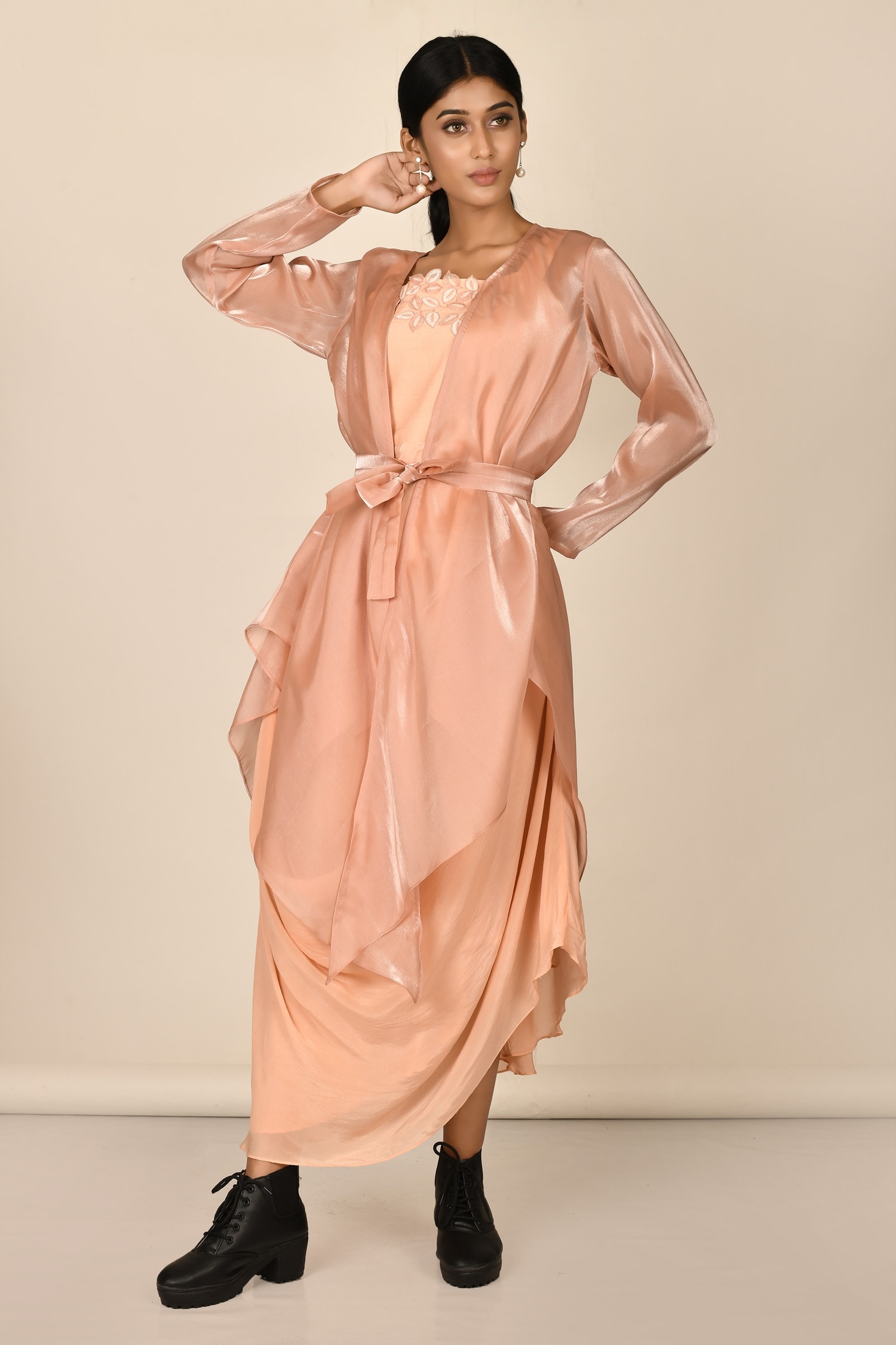 Naintara Bajaj Peach Bamber Silk Draped Dress And Jacket