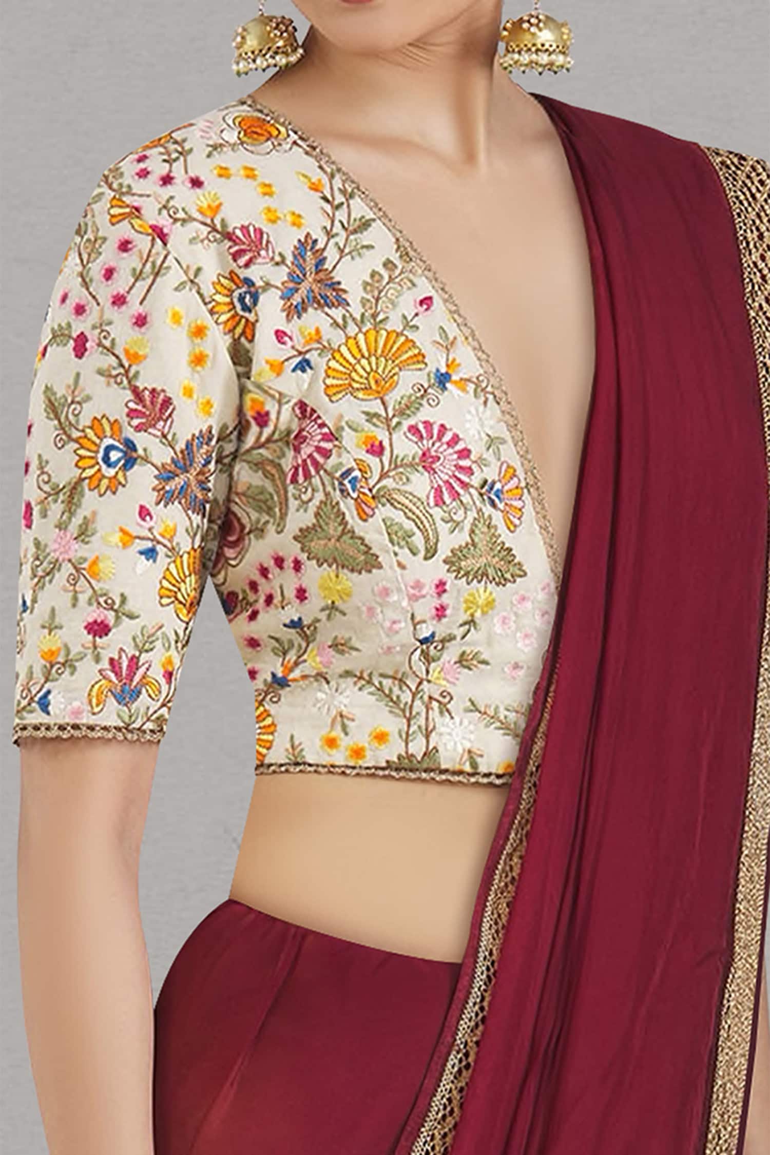Buy White Muslin V Neck Floral Embroidered Saree Blouse For Women by Pranay  Baidya Online at Aza Fashions.
