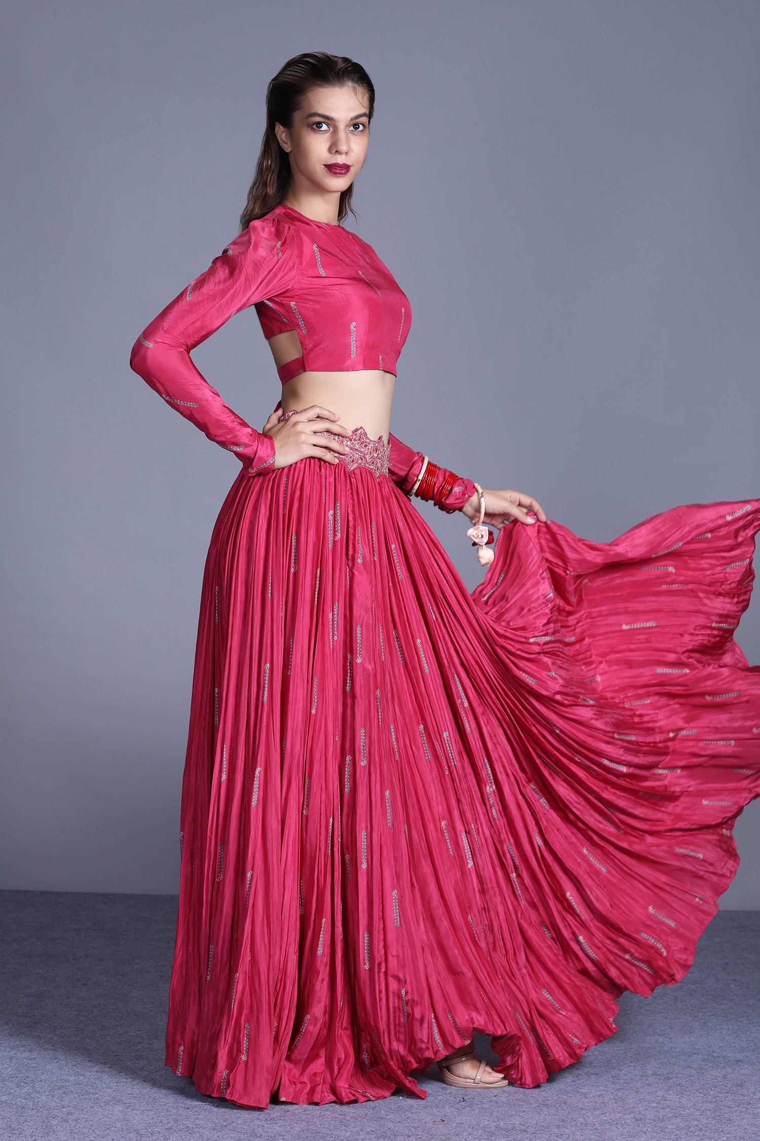 Buy Punit Balana Pink Silk Satin Printed Crop Top And Crushed Skirt Set ...