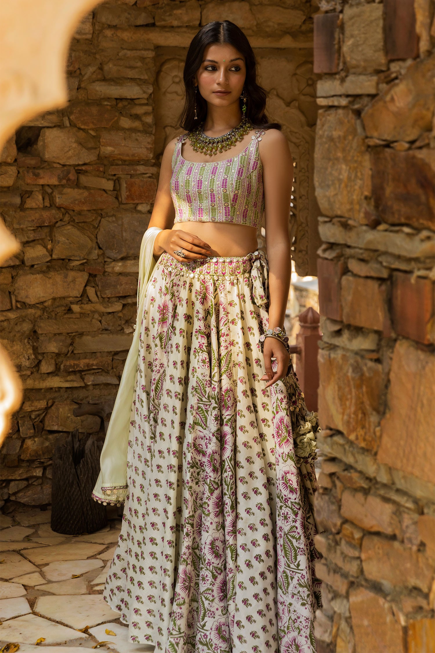 Buy Green Chanderi; Dupatta: Organza U Floral Print Lehenga Set For ...