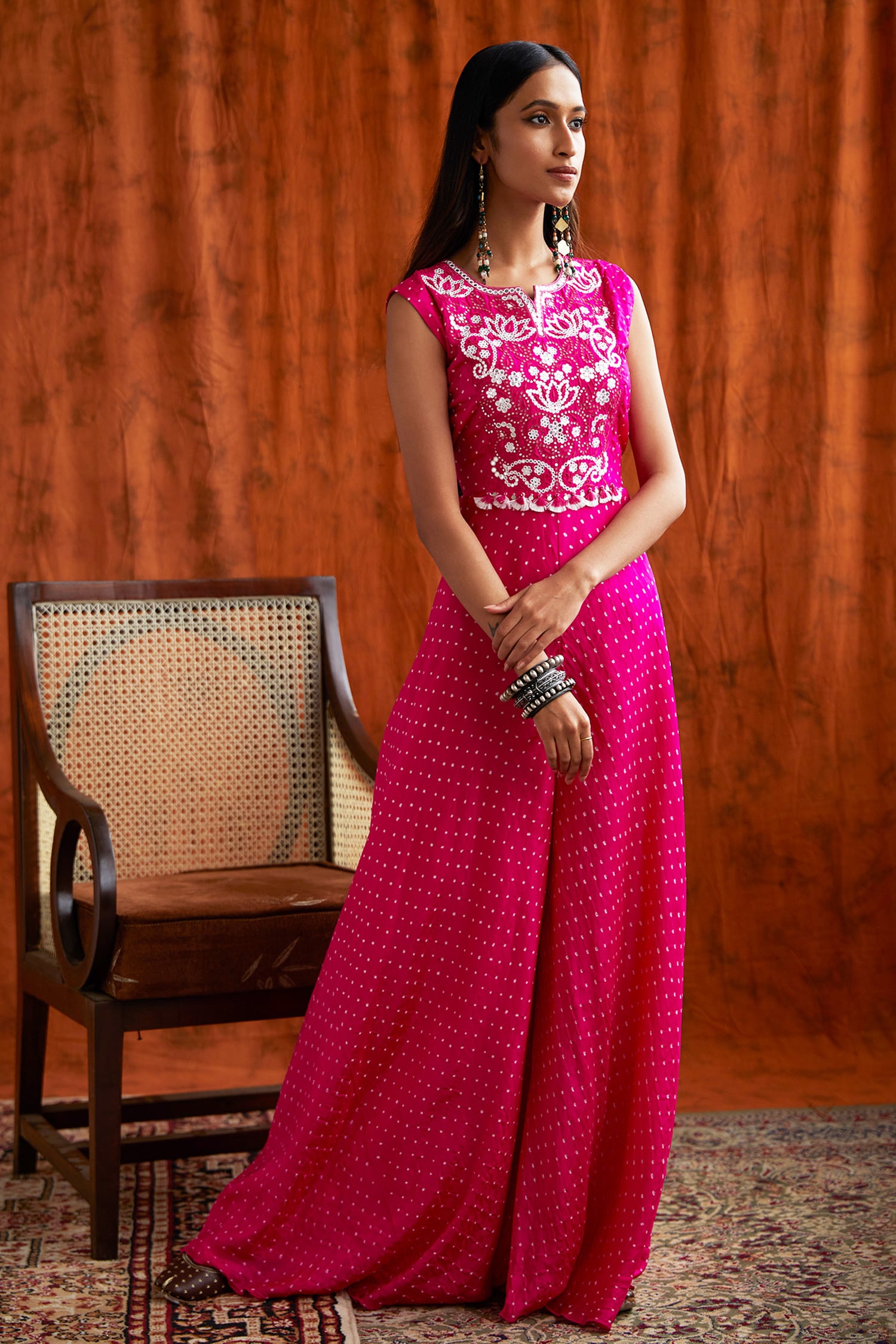 Buy Pink Silk Embroidery Round Bandhani Print Jumpsuit For Women by