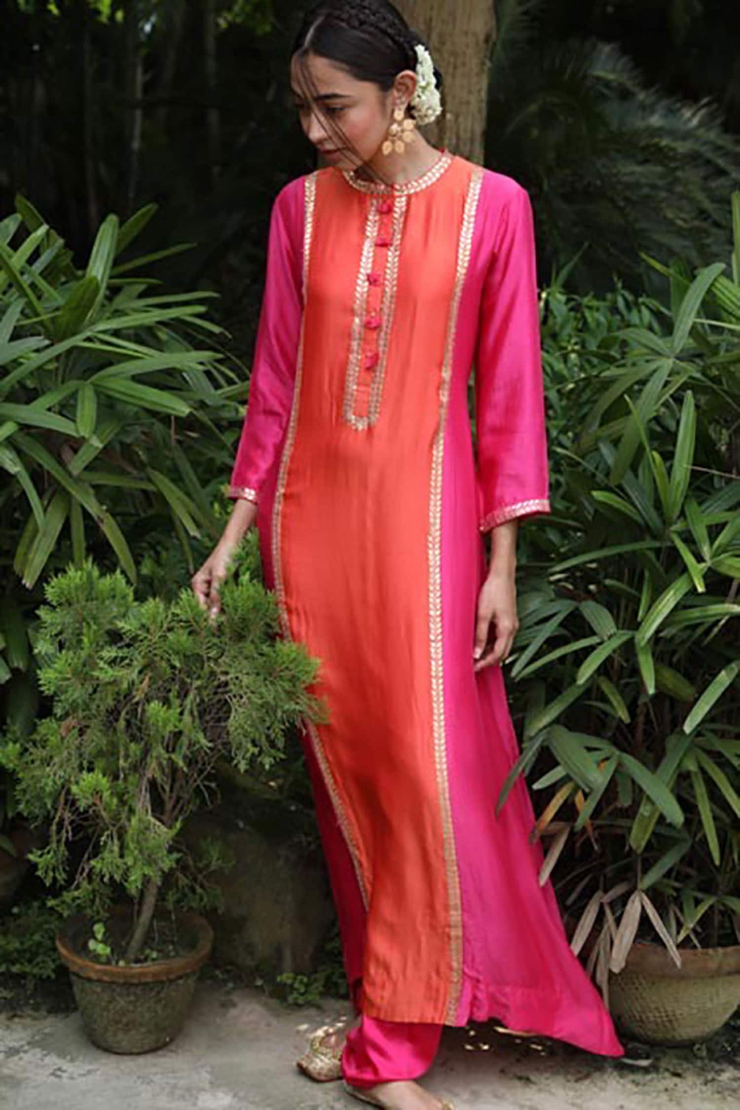 Buy Pink City Orange Embroidered Silk Kurta And Pant Set Online | Aza ...
