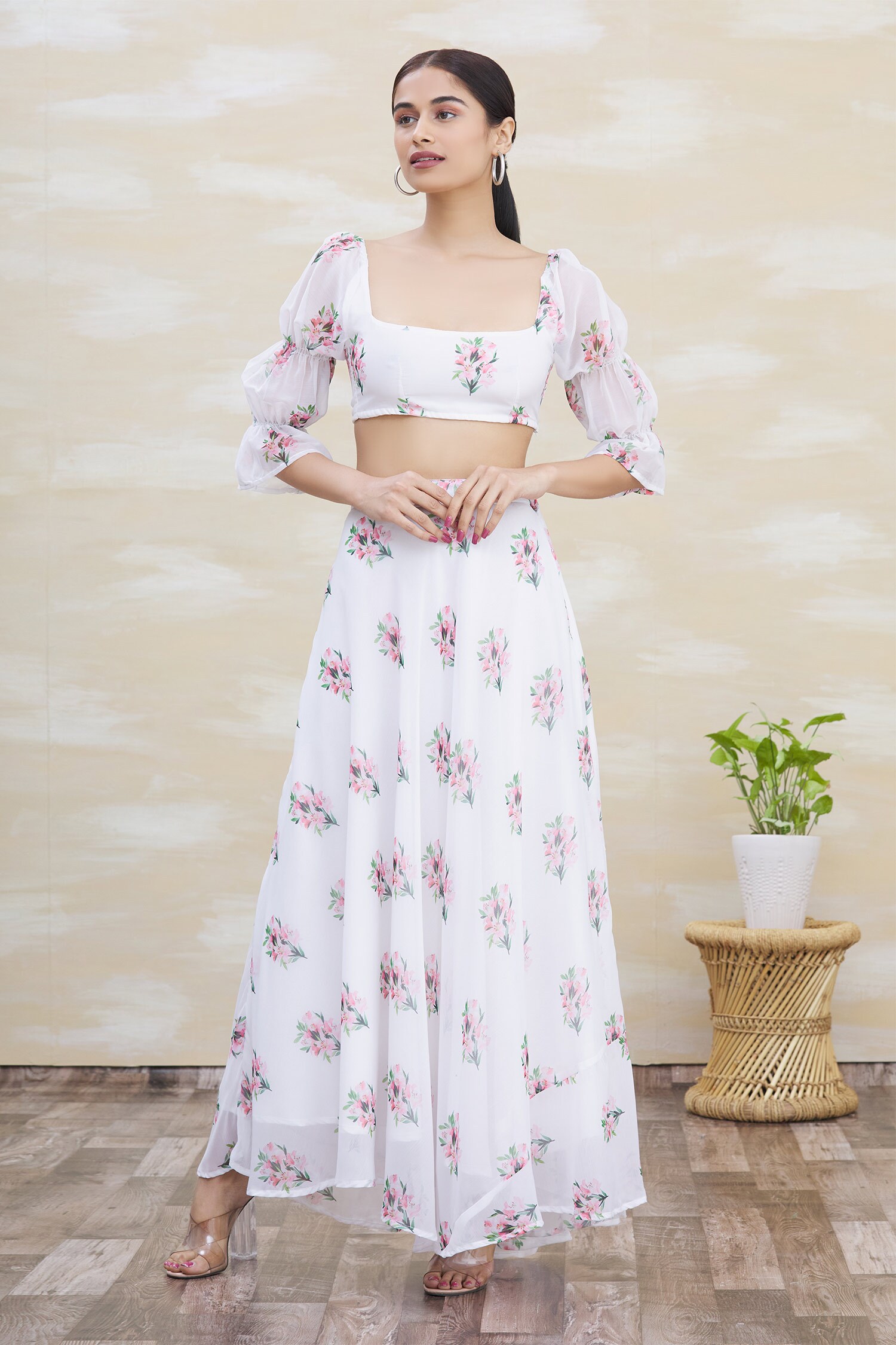 Samyukta Singhania - White Chiffon Embroidery Square Neck Printed Crop Top  And Skirt Set For Women