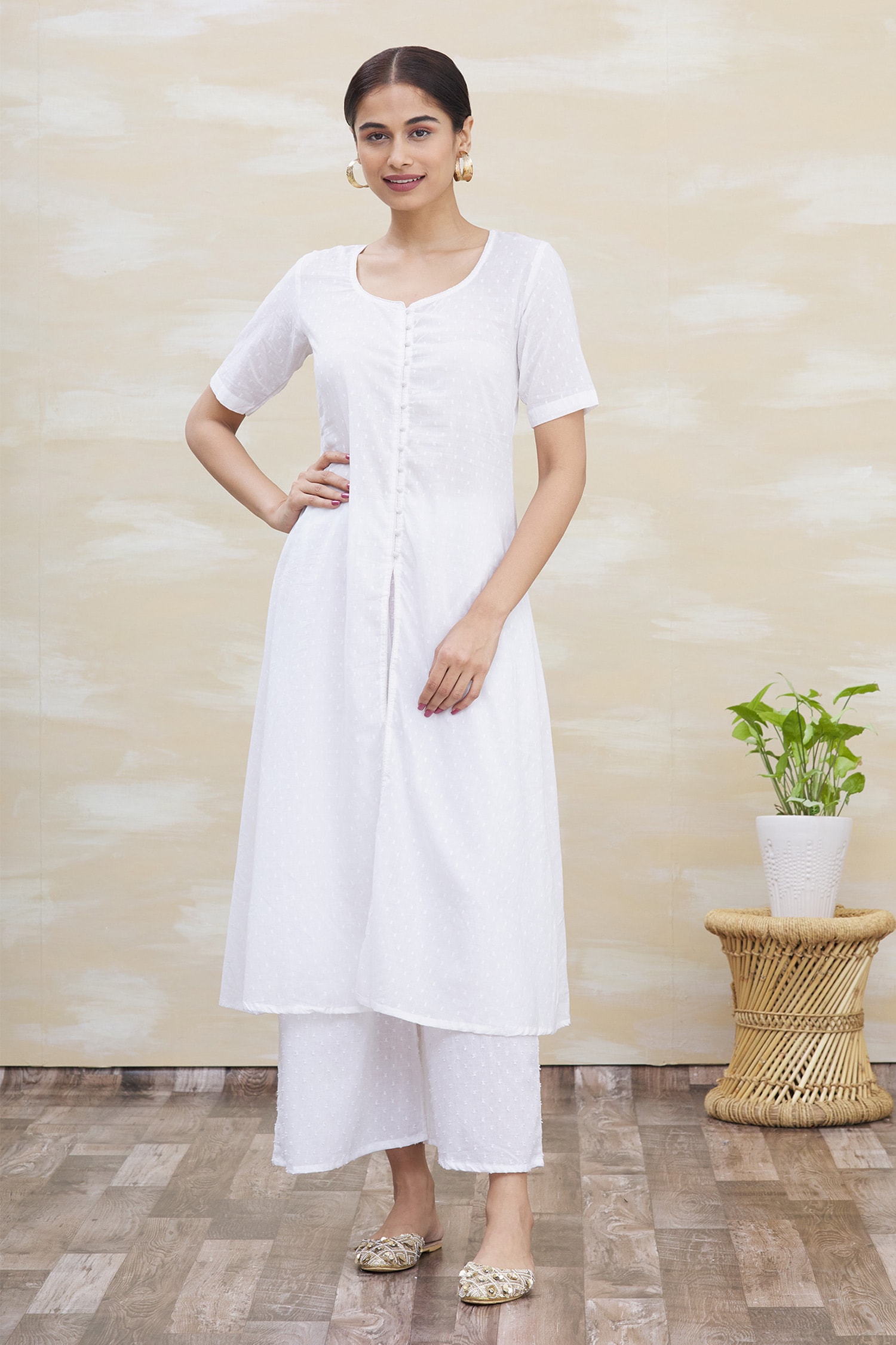 Buy White Kurta: Cotton Embroidery Round And Palazzo Set For Women by ...