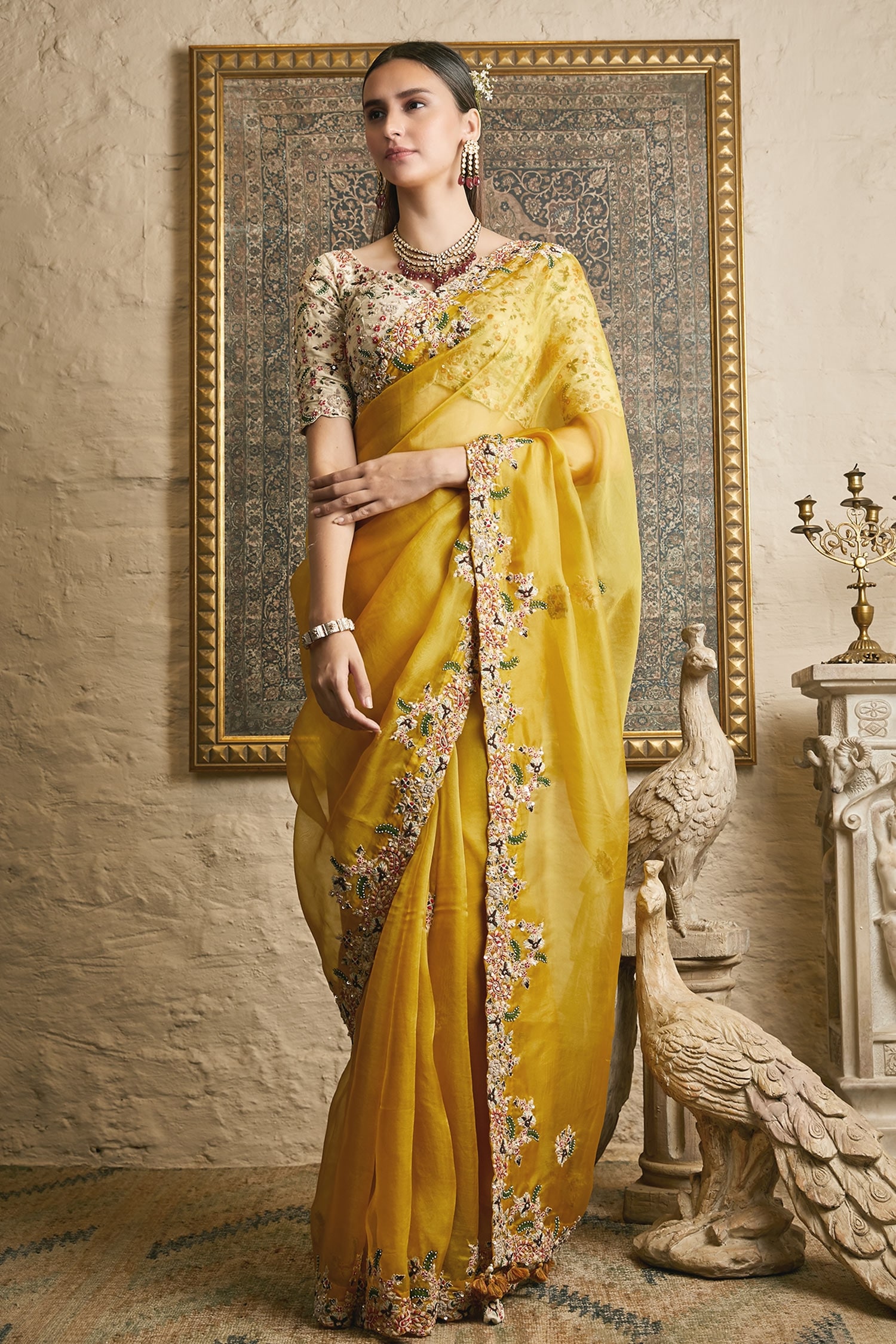 Prisho Yellow Silk Embroidered Floral Sweetheart Neck Saree With Blouse For Women